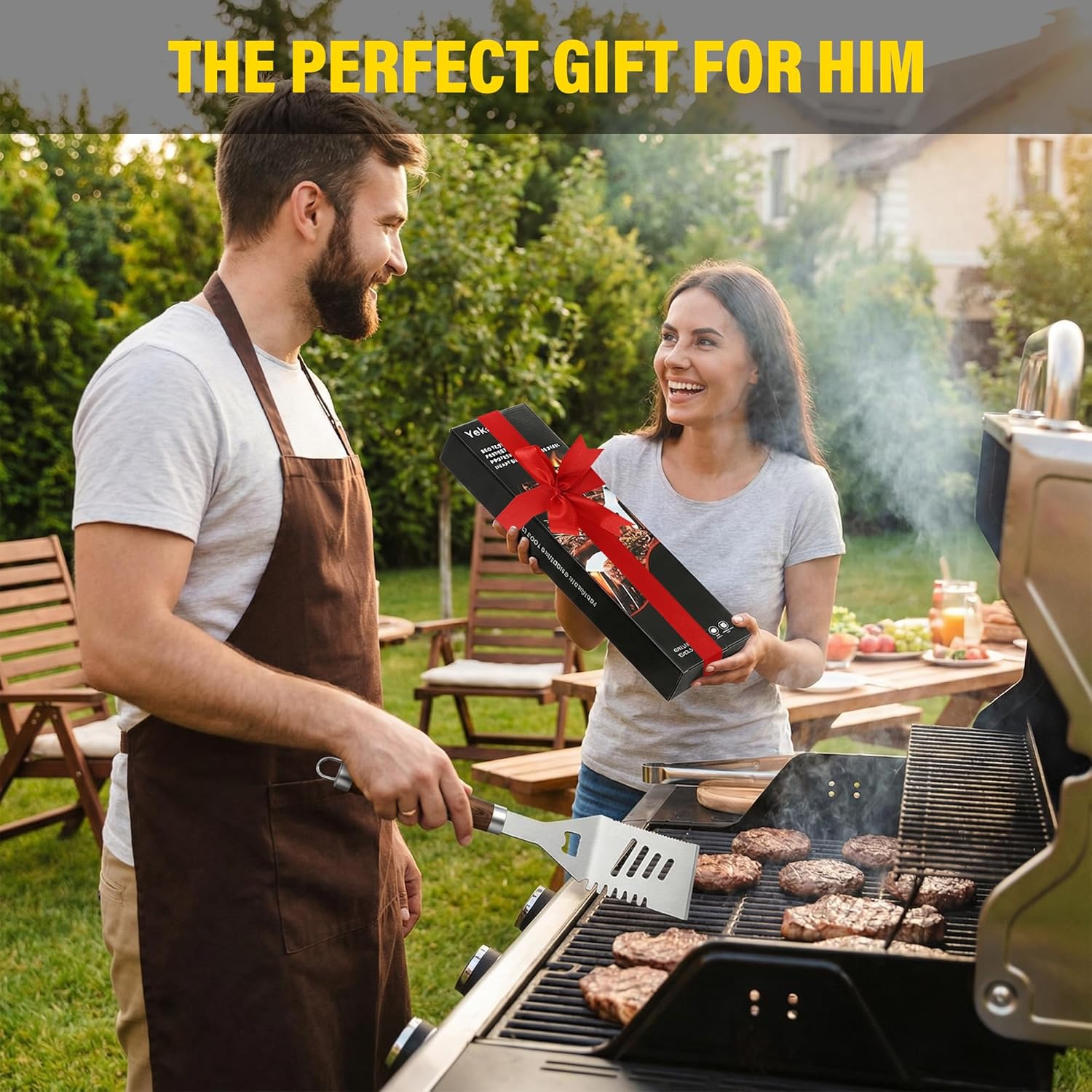 Yekale BBQ Grill Accessories Set, Grill Tools Grilling Accessories Grilling Gifts for Men - Spatula, Fork, Brush, Tongs & Cleaning Brush - Outdoor Barbecue Utensils Gifts for Men Dad Him (Wood) - Image 3