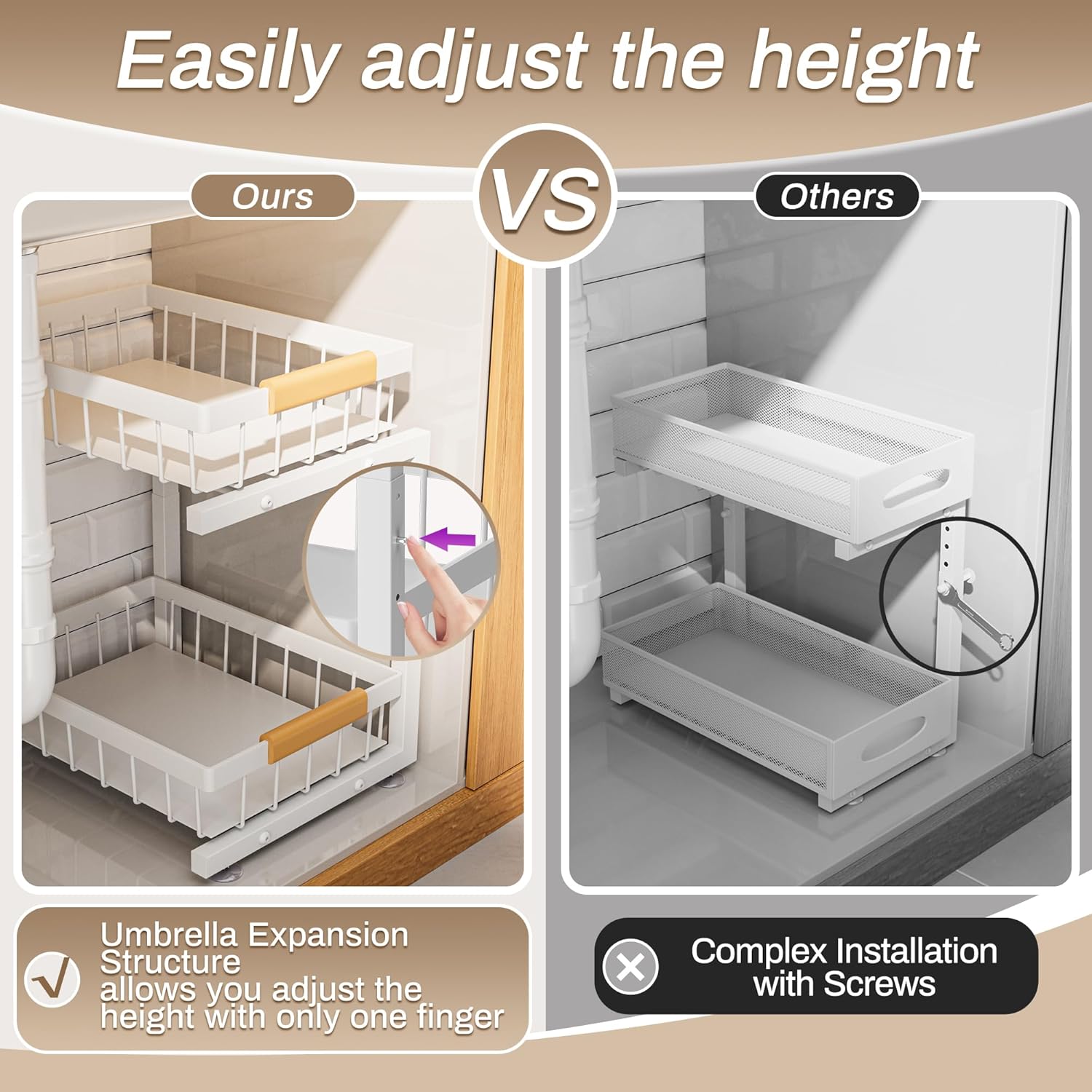 ADBIU Under Sink Organizer 2 Pack, Adjustable Height (11"-15.75") Under Cabinet Storage, 2 Tier Pull Out Sliding Drawers for Kitchen Bathroom, Heavy Duty Metal Shelf, White - Image 4