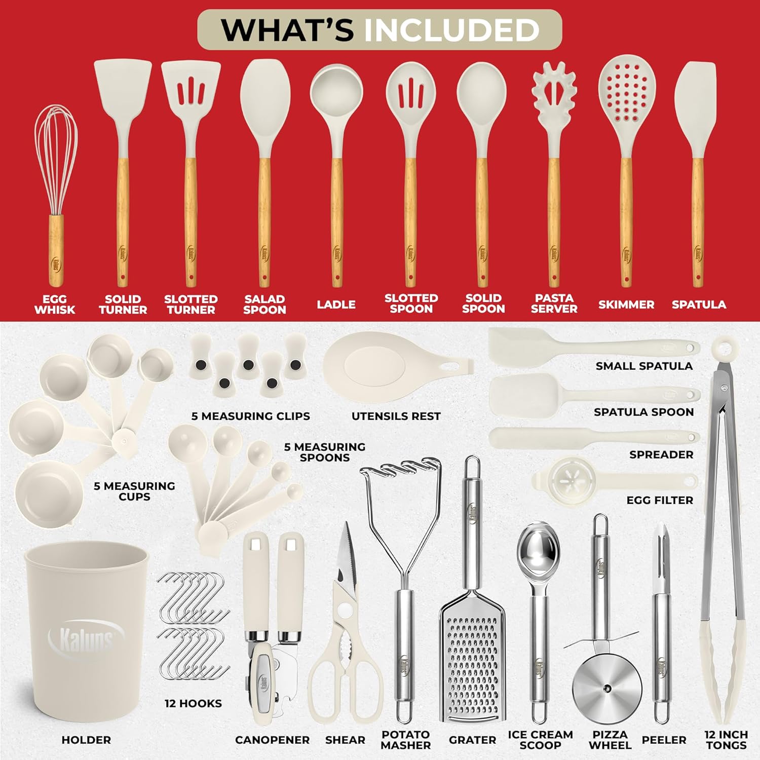 Kaluns 50 PCS Silicone Kitchen Utensils Set Complete Kitchen Set - 800°F Heat Resistant Non-Stick Premium Cooking Utensils W Wooden Handles - Can Opener, Masher, Turner, Silicone Spatula Set - Image 2