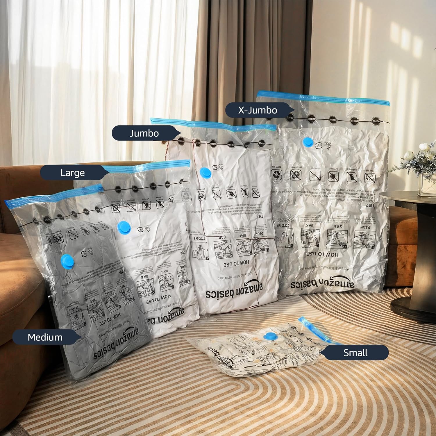 Amazon Basics Vacuum Storage Bags for Clothes, Space Saving Compression Storage Bags with Hand Pump, Heavy Duty, Stackable, Jumbo Size, Clear, 6-Pack - Image 7