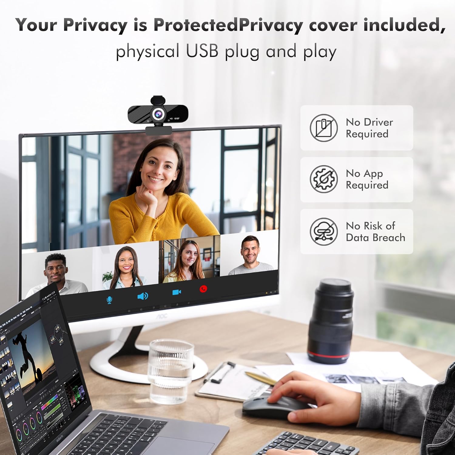 Gohero Full HD 1080P Video Webcam, Noise Cancellation, Privacy Cover, Wide-Angle Lens, Auto Light Correction, Plug & Play USB Webcam for Laptop, Desktop, PC, Mac, Zoom, Skype Pro Series - Image 4