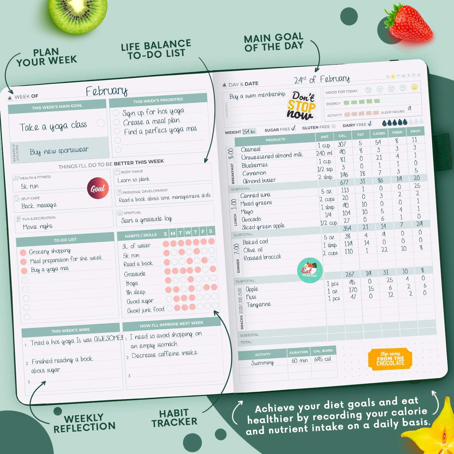 Clever Fox Wellness Planner - Weekly & Daily Health and Wellness Log, Food Journal & Meal Planner Diary for Calorie Counting, Notebook for Medical Condition Tracking, A5-Sized - Forest Green - Image 4