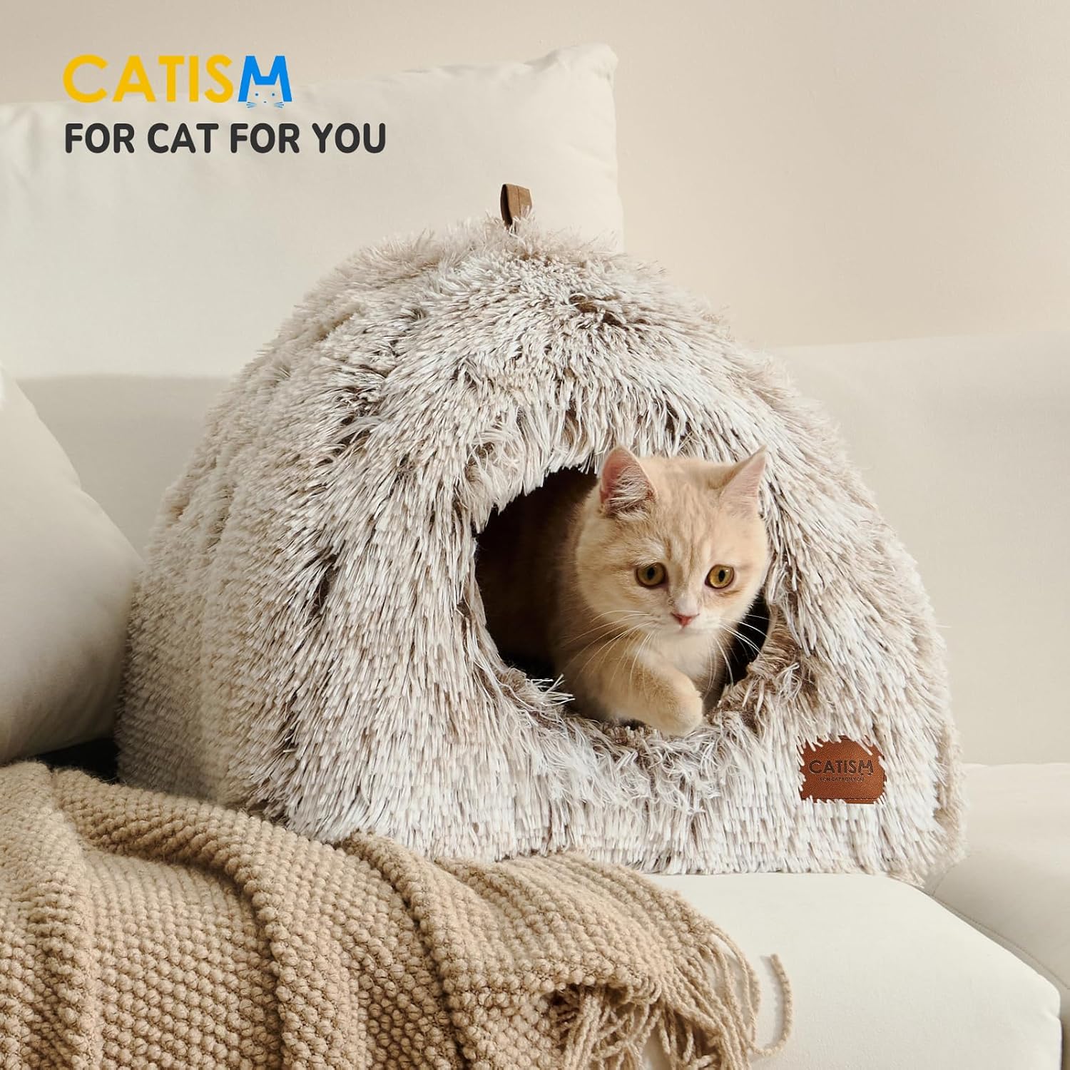 CATISM Cat Bed, Cat Cave for Indoor Cats, Soft Cat Dome, Self-Warming 2 in 1 Foldable Pet Cat House with Washable Cushioned Pillow Calming Fluffy Dog Beds for Small Dogs with Anti-Slip Bottom Brown - Image 7