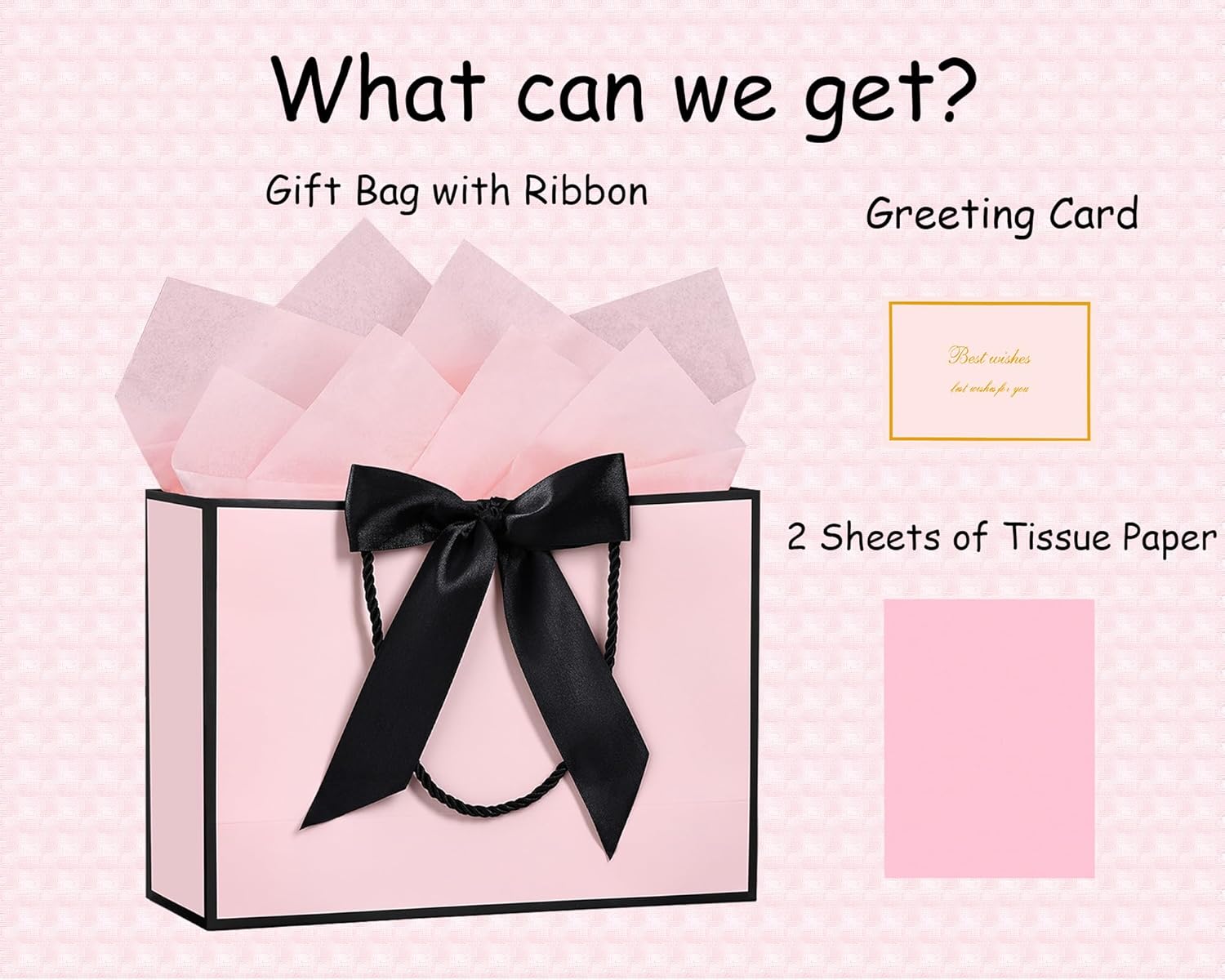JMANNI Gift Bags with Handles, 1Pcs Paper Gift Bag with 2 Tissue Paper and 1 Greeting Cards, Present Bags for Women Mother's day Birthday Valentines Wedding Party Baby Shower (Black-Pink) - Image 2