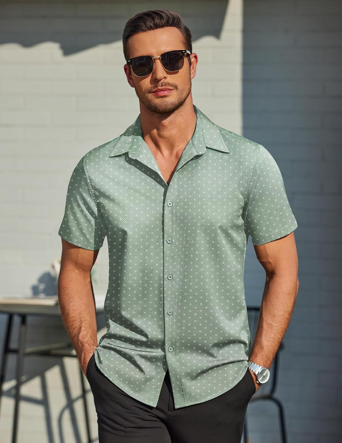 COOFANDY Mens Wrinkle Free Dress Shirt Polka Dot Short Sleeve Button Down Business Casual Shirts - Image 2