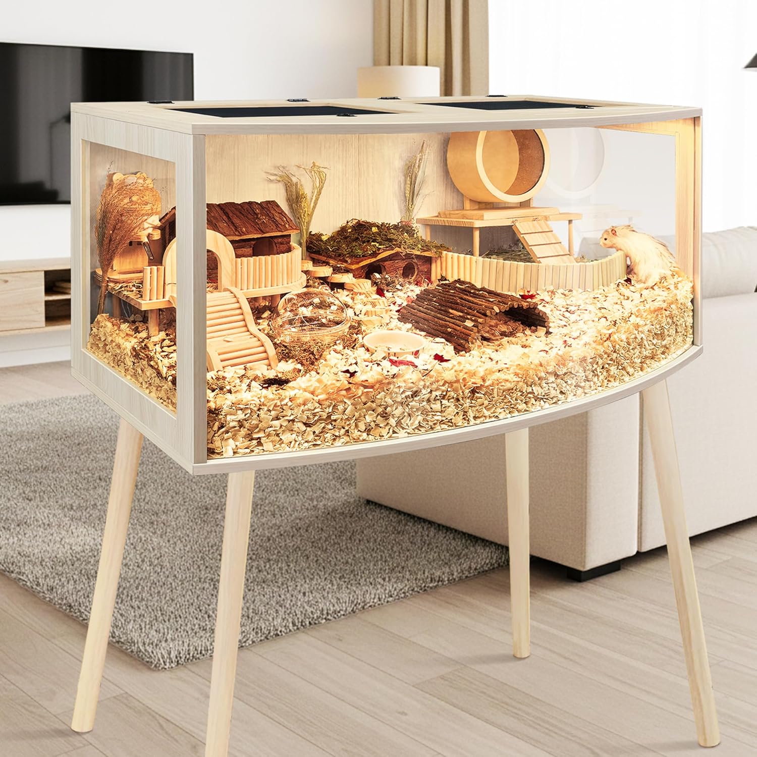 Prolee Hamster Cage with Curved Design,Chew Proof Wooden Hamsters Enclosure with Leg Stand and Openable Top or Gerbils,Hamster Habitat (32"x16"x16") - Image 6
