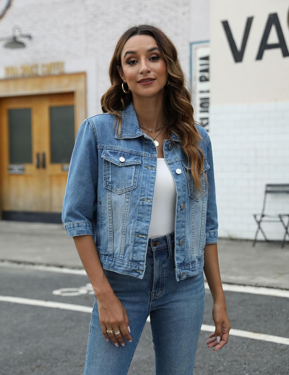 Unilexi Women's 3/4 Sleeve Colored Cropped Denim Jacket Light Wash Short Jean Jacket Trucker Coat - Image 7