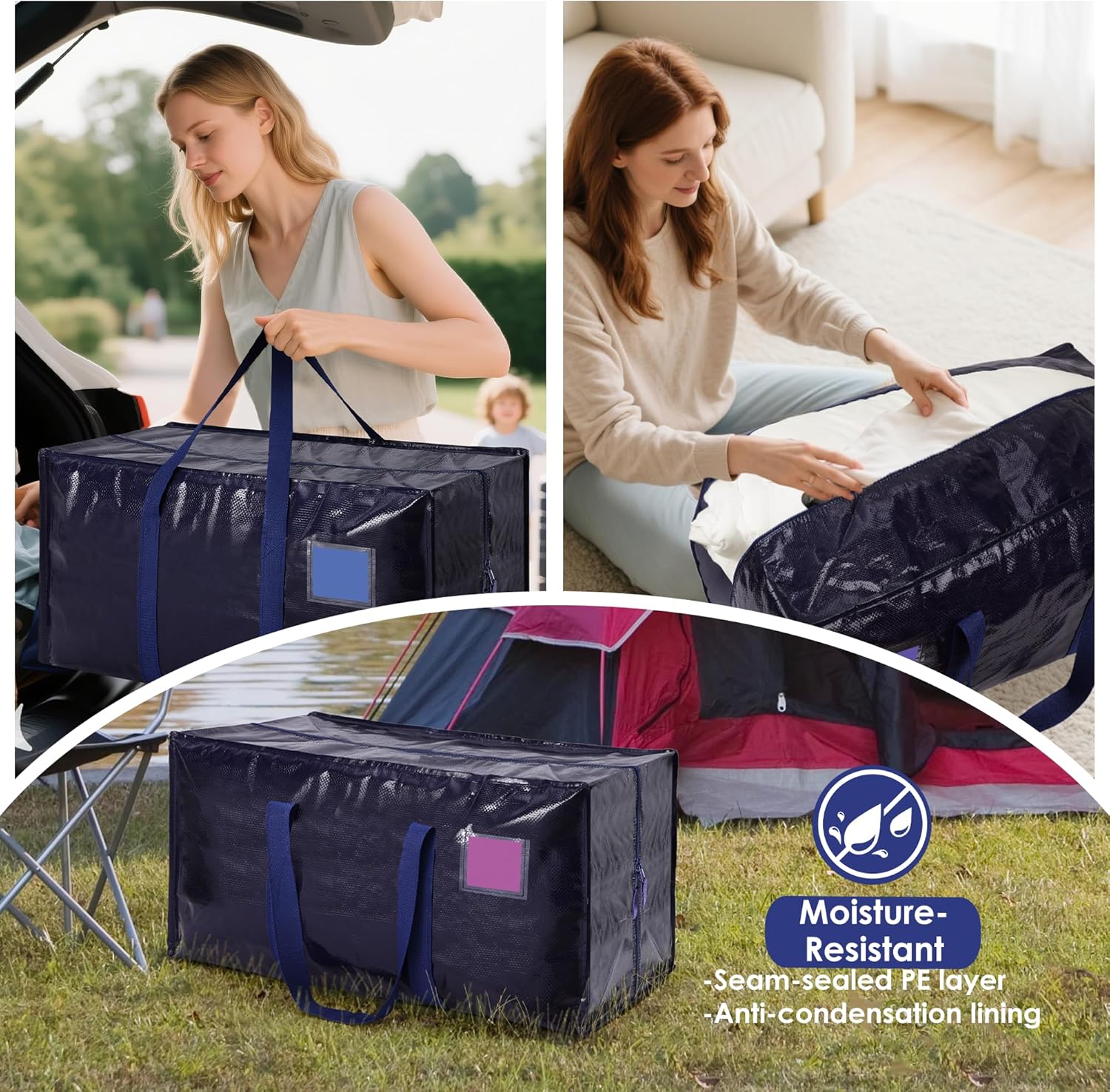 6 Pack Moving Bags with Full-Open Side Zipper, Extra Large 93L Heavy Duty Waterproof Foldable Storage Totes for College Dorm, Moving & Home Organization, Blue - Image 9