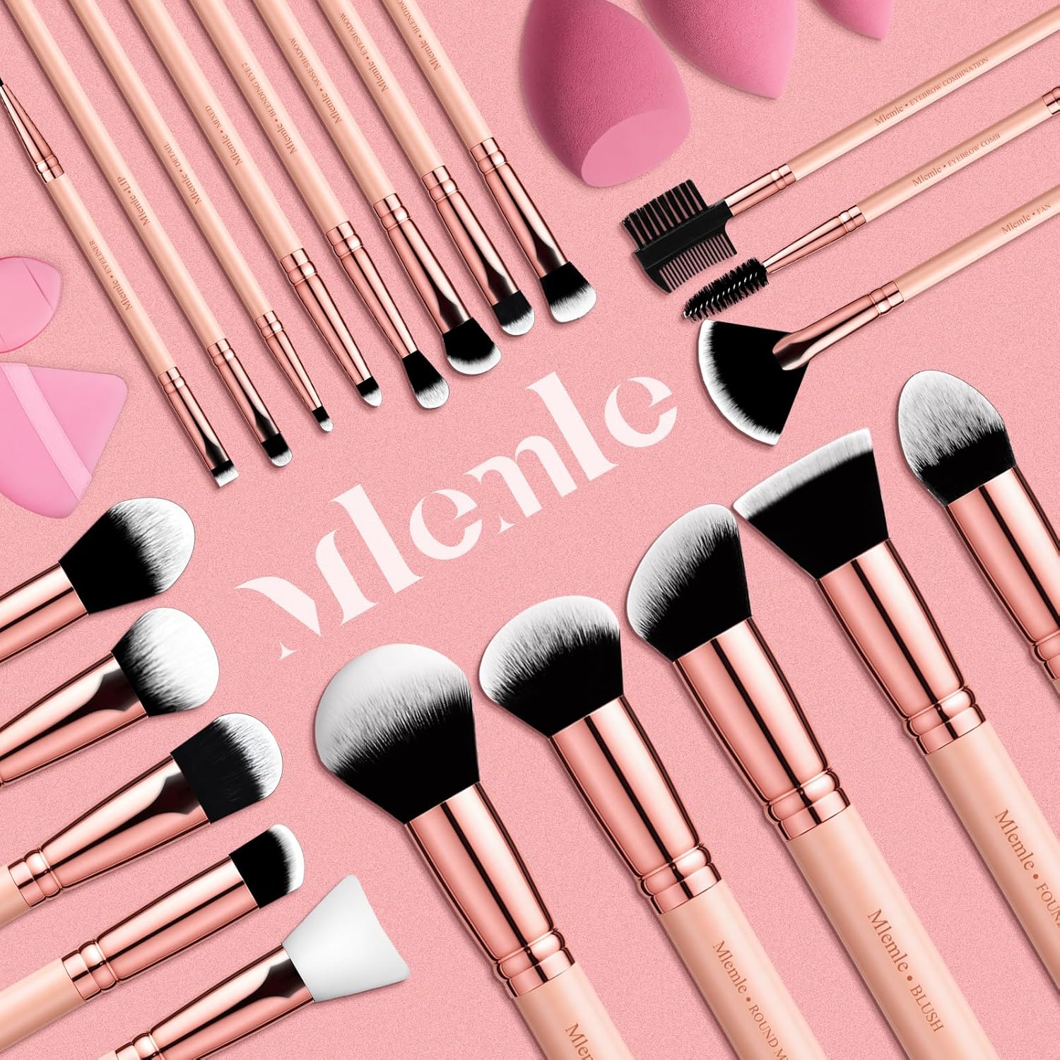 Makeup Brushes Set, Mlemle Professional 26 Pcs Makeup Kit, Include Powder Foundation Concealers Blush Eye shadows Eyebrow 21 Pcs Makeup Brushes and 2 Powder Puff, 3 Makeup Sponge(A01-Pink) - Image 7