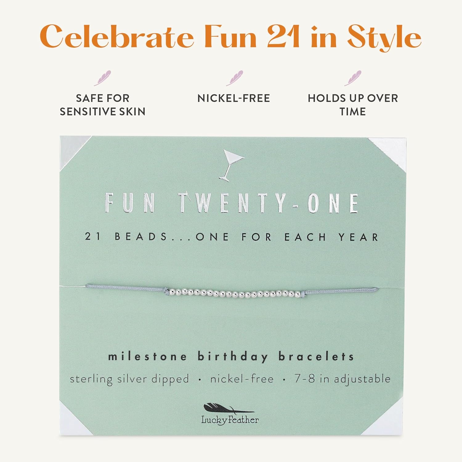 Lucky Feather 21st Birthday Gifts For Her | 21st Birthday Bracelet With 14k Dipped Beads Adjustable Cord Milestone Gift | Gifts For 21 Year Old Female | Gift Card For 21 Girls | 21 year old birthday gifts for her - Image 4