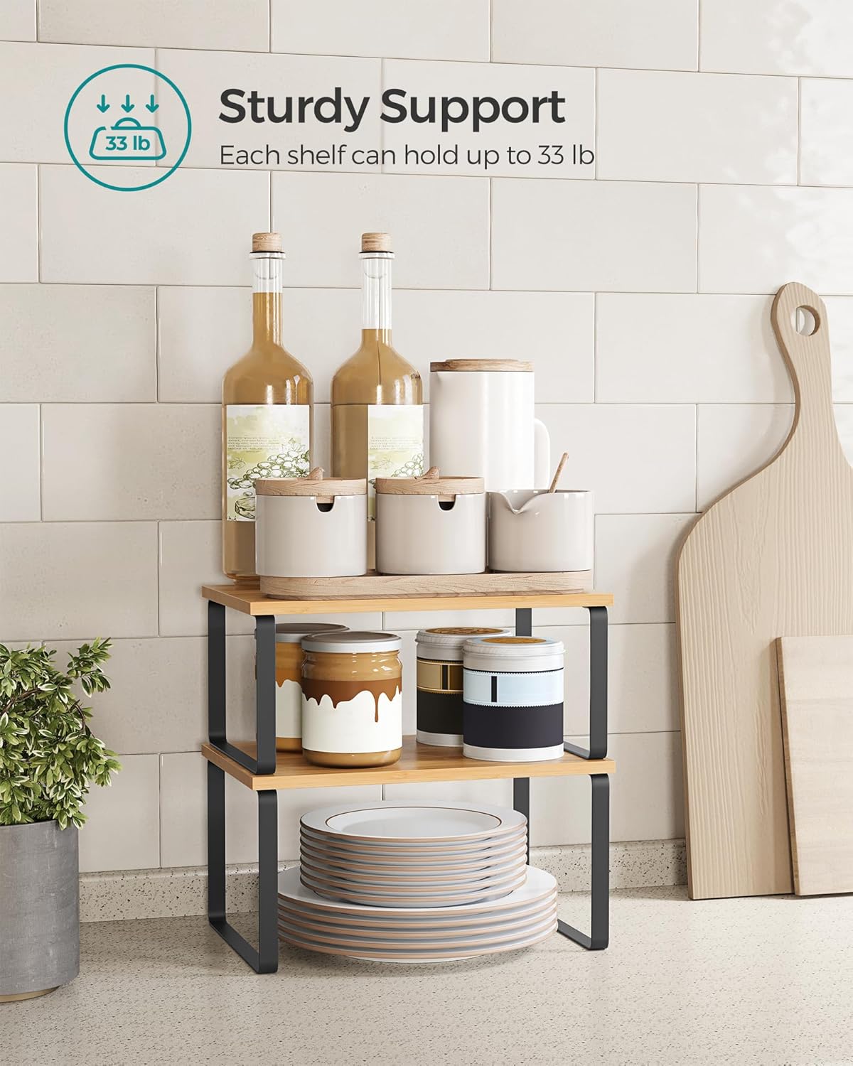 SONGMICS Cabinet Organizer Shelf, Set of 2 Kitchen Counter Shelves, Kitchen Storage, Spice Rack, Stackable, Expandable, Metal and Engineered Wood, Ink Black and Natural Beige UKCS02NB - Image 5