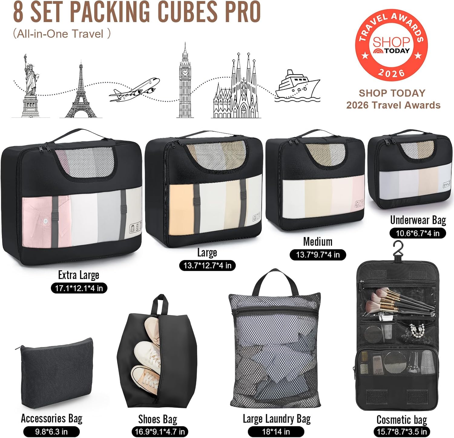 Veken 10 Set/8 Set Packing Cubes for Travel Essentials, Suitcase Organizer Bags in 4 Sizes, Carry-On Luggage Accessories with Laundry & Toiletry Bag, Airplane Must-Have, Road Trip & Camp Gifts for Men - Image 2