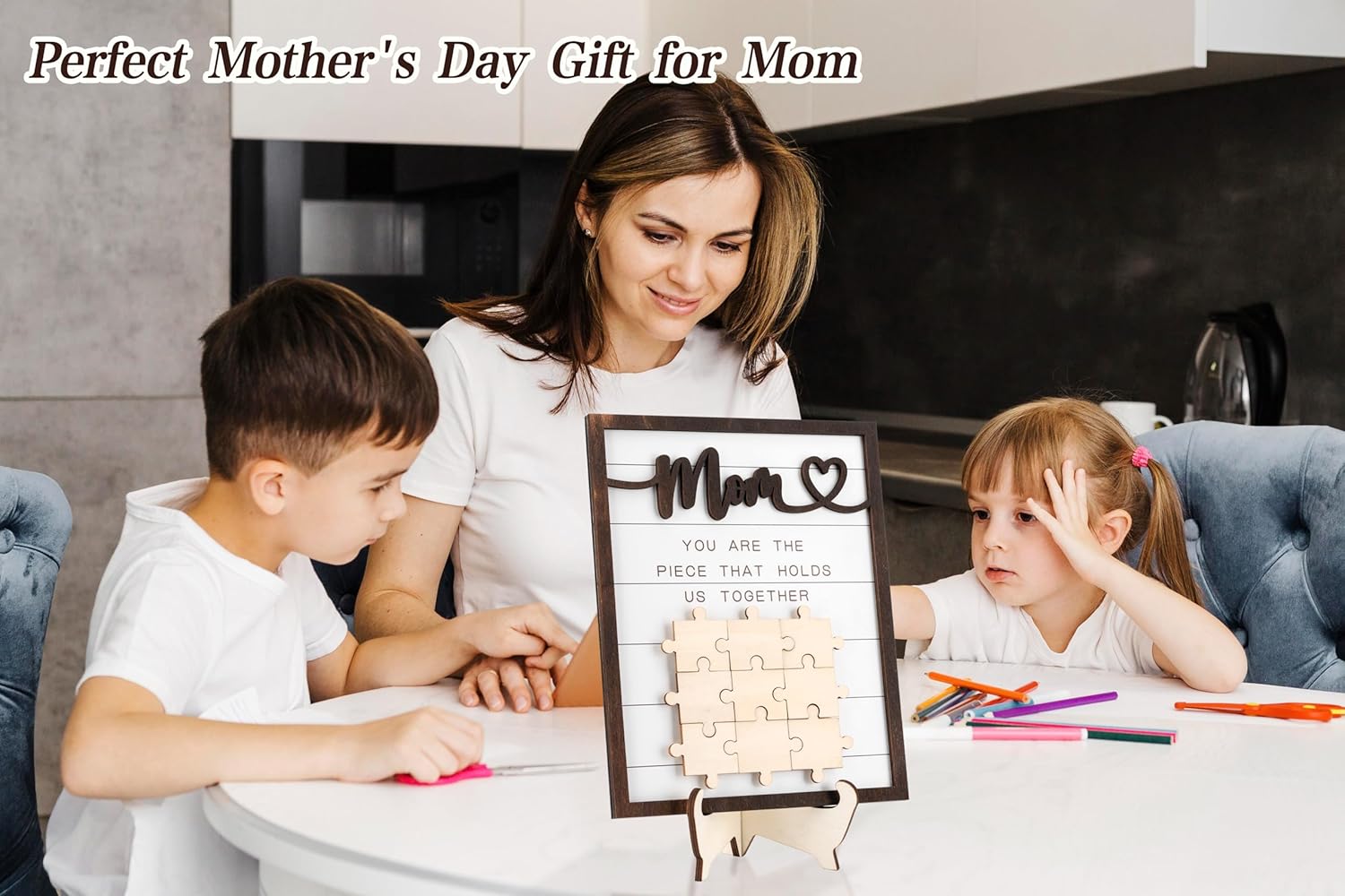 Personalized Mom Puzzle Piece Sign Gift, You are The Piece That Holds Us Together Plaque with Family Names, Grandparents Day Wood Sign, Birthday Gifts for Mommy from Daughter and Son (Mom) - Image 7