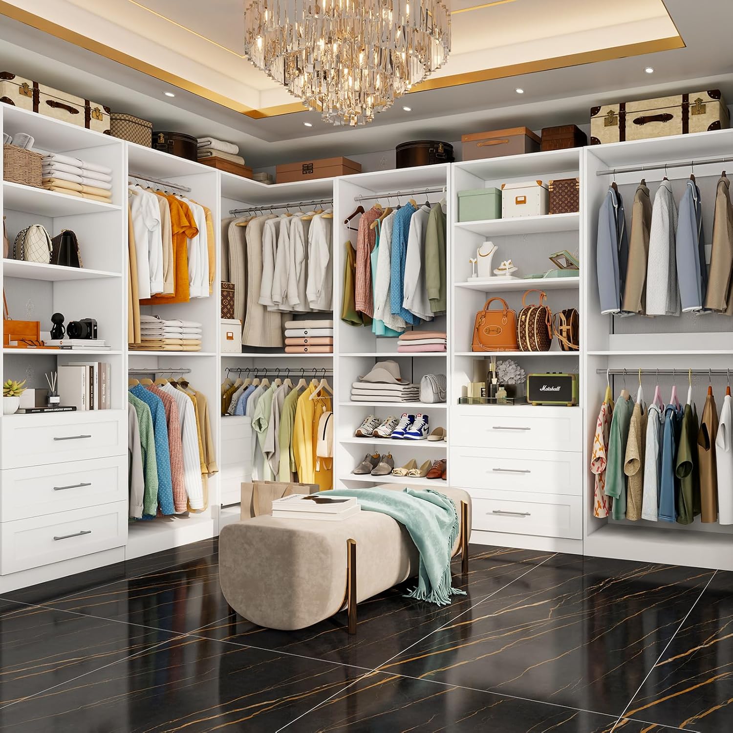 Closet Organizer System of 4 Sets with 3 Drawers, 9 Hanging Rods & 8 Shelves, 157" Walk in Closet System, Corner Closet Organizer, Modular Standalone Closet, White - Image 2