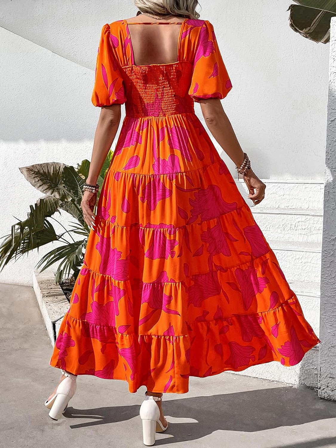 PRETTYGARDEN Puff Short Sleeve Cewneck Floral Long Fall Dresses for Women 2025 Flowy Tiered Hem Maxi Wedding Guest Dress - Image 5