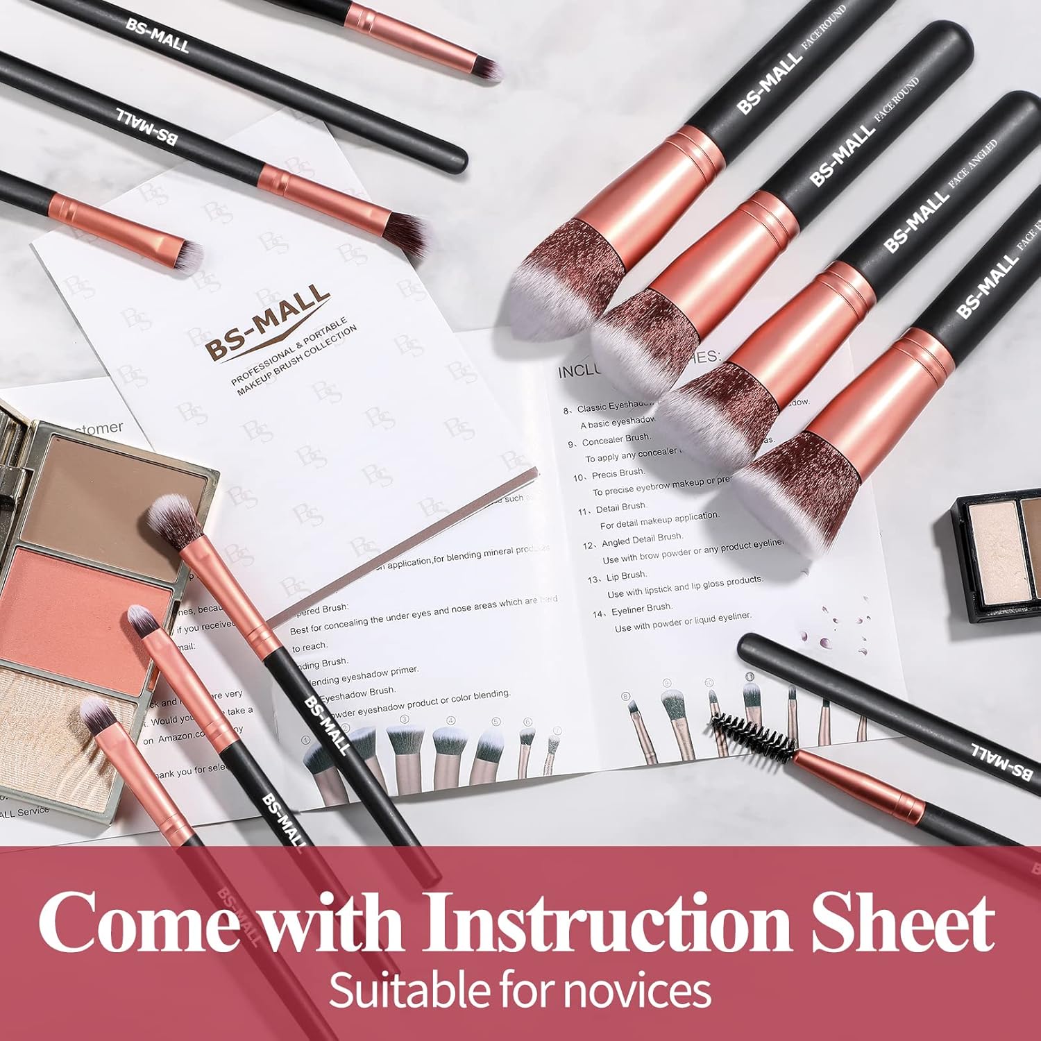 Makeup Brushes BS-MALL Premium Synthetic Foundation Powder Concealers Eye Shadows Makeup 14 Pcs Brush Set, Rose Golden, with Case - Image 5