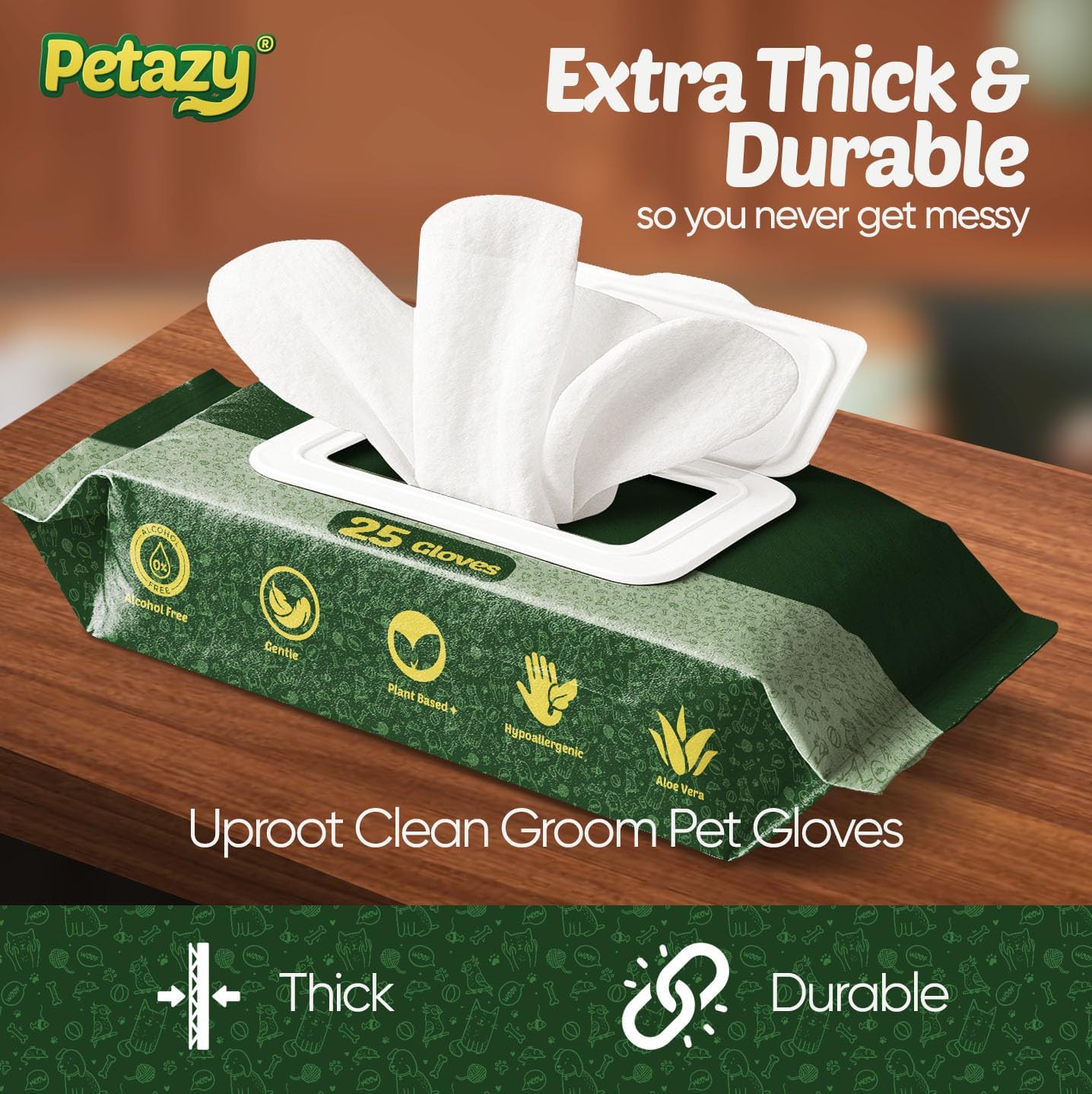 Petazy Pet Glove Wipes for Dogs & Cats – Hypoallergenic Thick Cleaning Gloves with Aloe & Coconut Oil for Paws, Face, Ears & Butt, Instant No Rinse Grooming Wipes to Deodorize and Hydrate, 25 Pack - Image 6