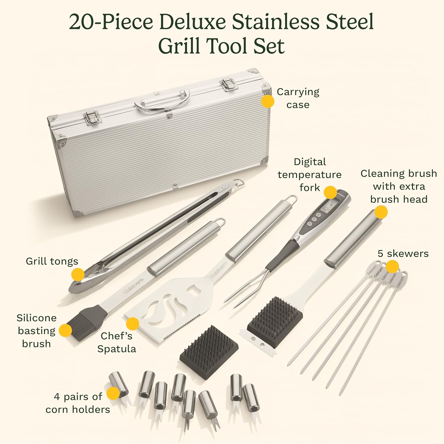 Cuisinart Deluxe Grill Tool Set, 20-Piece Grill Set, BBQ Accessories with Aluminum Case, Stainless Steel Grilling Accessories, BBQ tools, Grilling Gifts for Men, Father’s Day Gifts for Dad Husband - Image 2