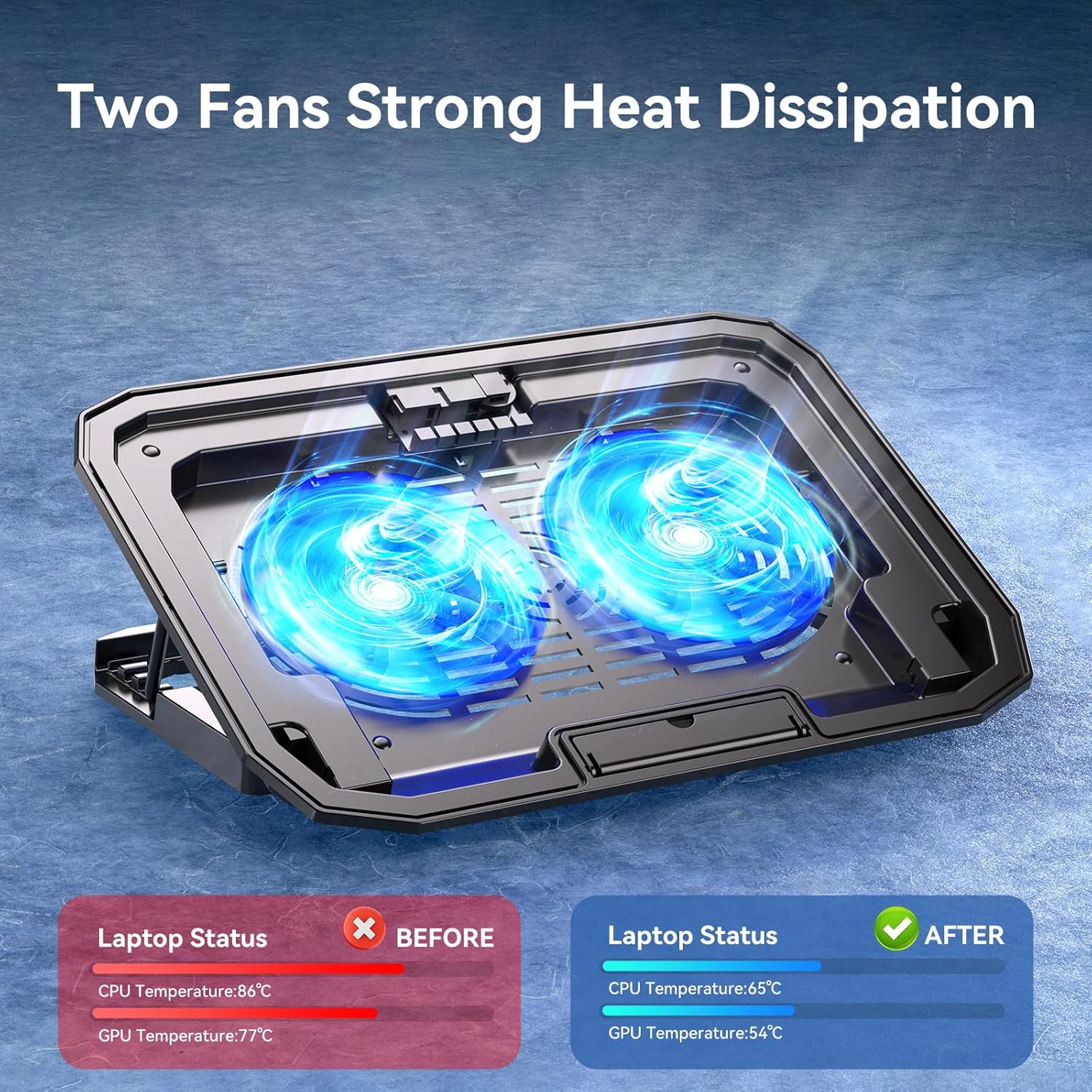 KYOLLY Ultra Slim Laptop Cooling Pad with 2 Quiet Big Fans, 5 Height Adjustable Ergonomic Stand, Portable Cooler for 10-15.6 Inch Laptops, Speed Control and 2 USB Ports - Image 5