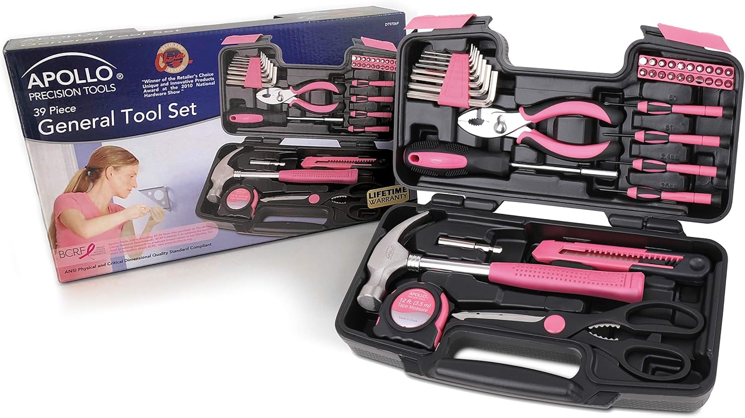 Apollo Tools Original 39 Piece General Household Tool Set in Toolbox Storage Case with Essential Hand Tools for Everyday Home Repairs, DIY and Crafts - Pink Ribbon - Pink - DT9706P - Image 2