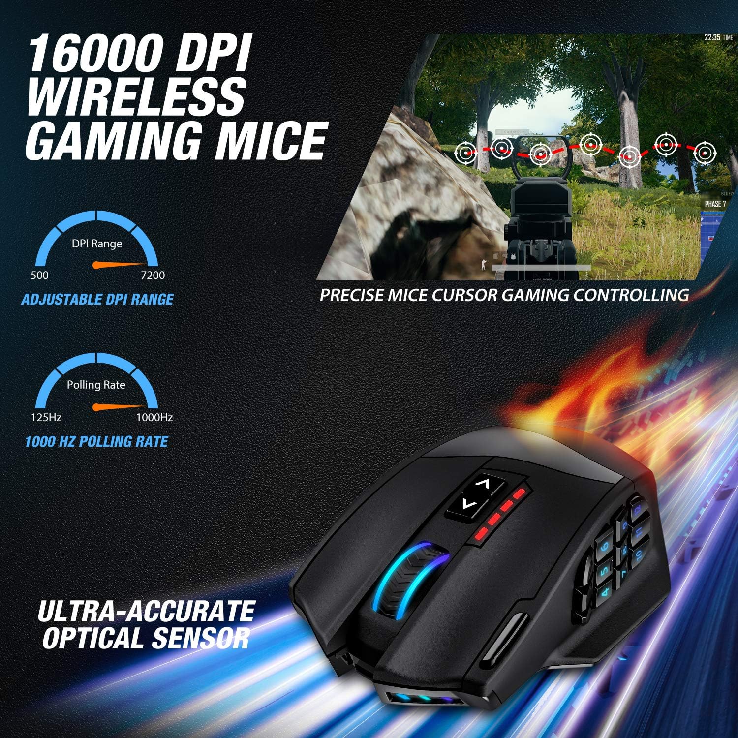 UtechSmart Venus Pro RGB Wireless MMO Gaming Mouse, 16,000 DPI Optical Sensor, 2.4 GHz Transmission Technology, Ergonomic Design, 16M Chroma RGB Lighting, 16 programmable Buttons, Up to 70 Hours - Image 2