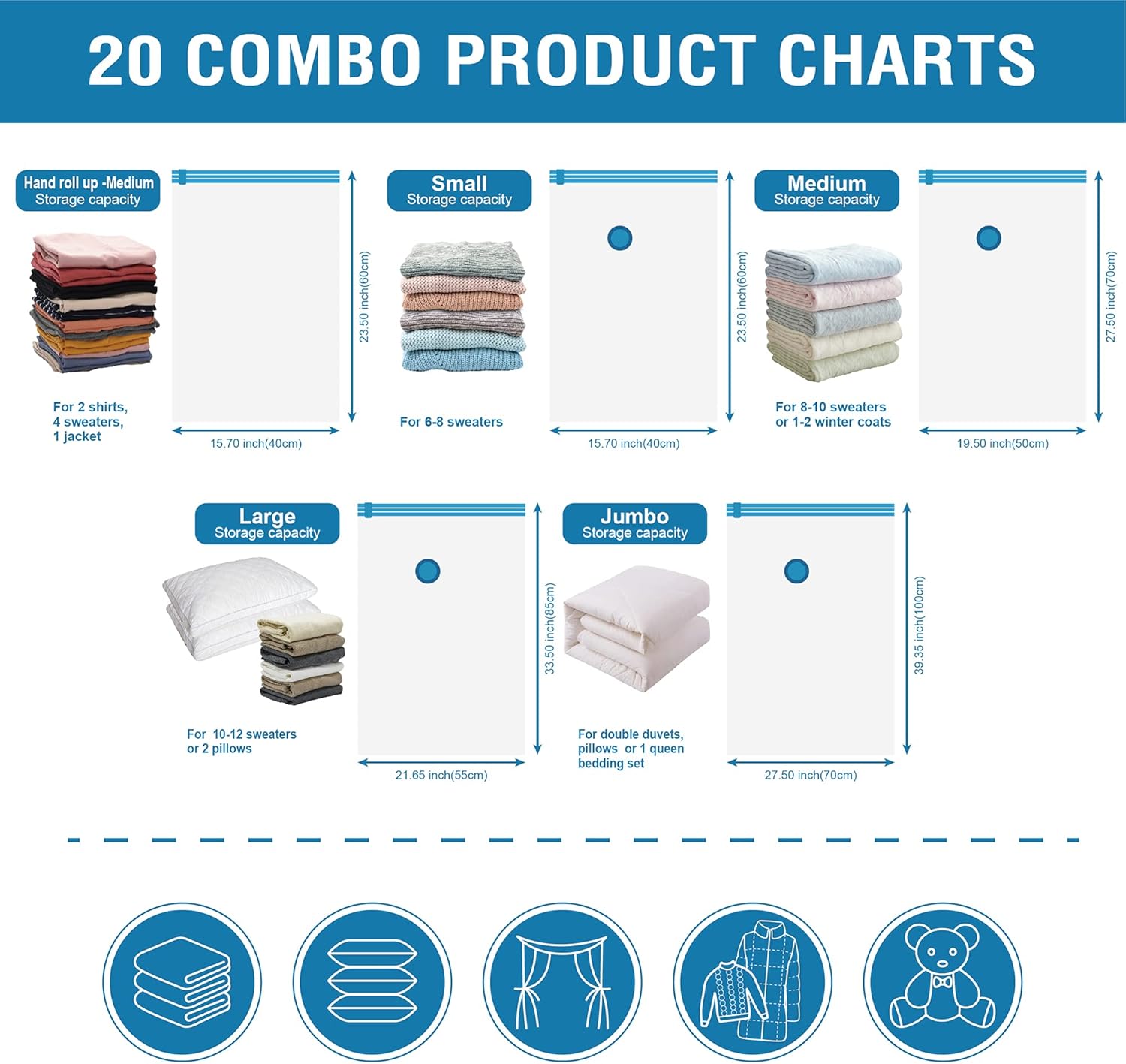 Cozy Essential Vacuum Storage Bags, 80% Compression Vacuum Seal Space Saver Plastic Packaging Bags for Clothes, Blankets, Pillow, Bedding, Comforters, Sealer Clothing Storage,20 Combo - Image 5