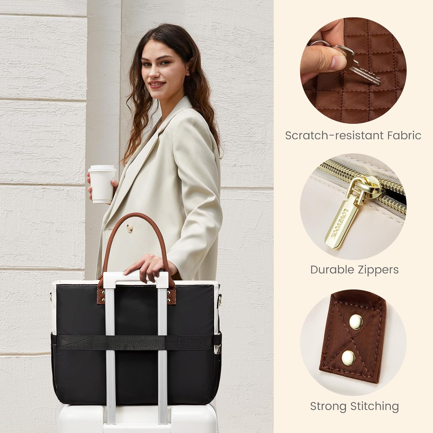 LOVEVOOK Teacher Tote Bag for Women Work, Laptop Bag With Large Cup Holder, Nurse Bags Professional Briefcase Business Computer Purses Bible Handbag Gifts, Black-Beige-Brown, 15.6 Inch - Image 6