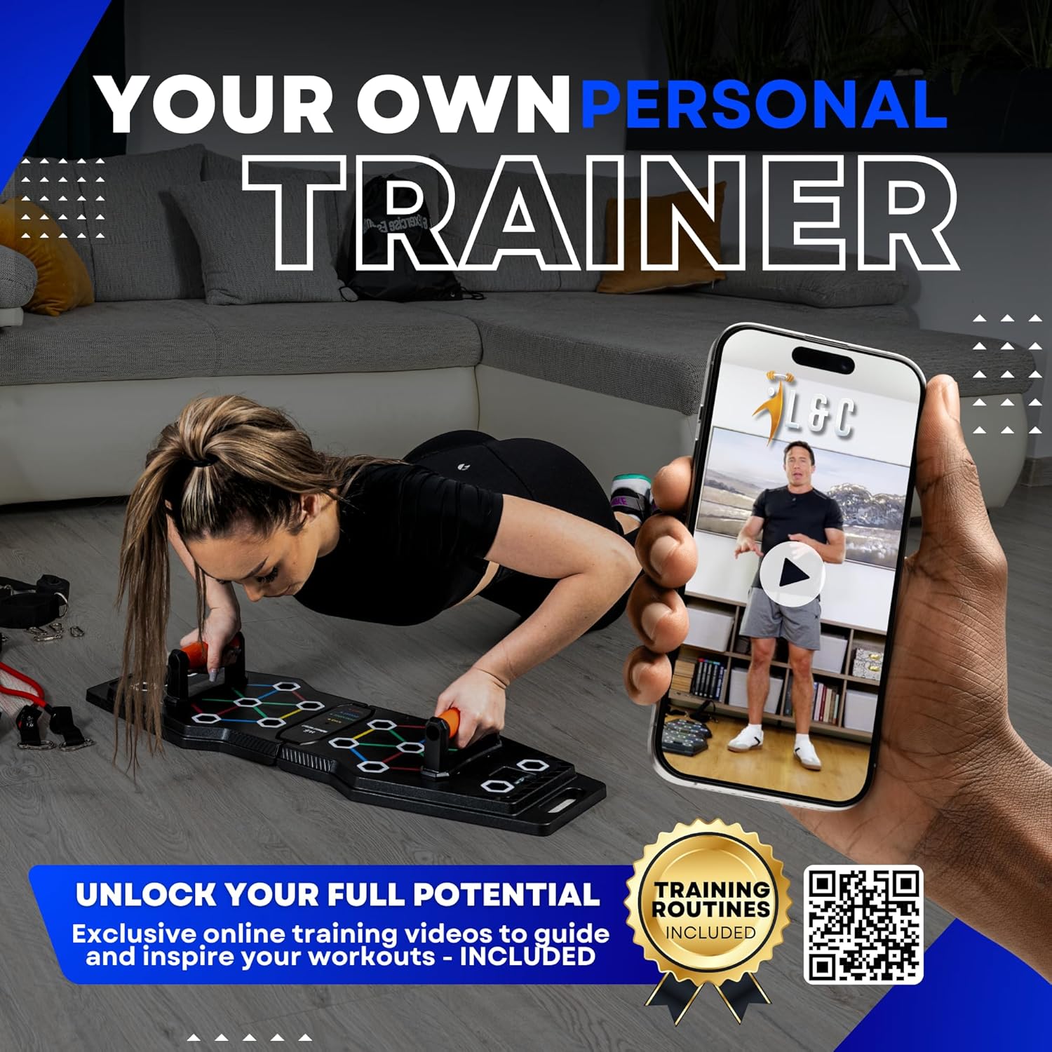 Push Up Board for Full Body Workout at Home - Portable, Joint Friendly, Fun & Motivating Home Workout Equipment with QR Code Guided Workouts - Ideal for Men, Women, Teens - L&C Exercise Essentials - Image 2