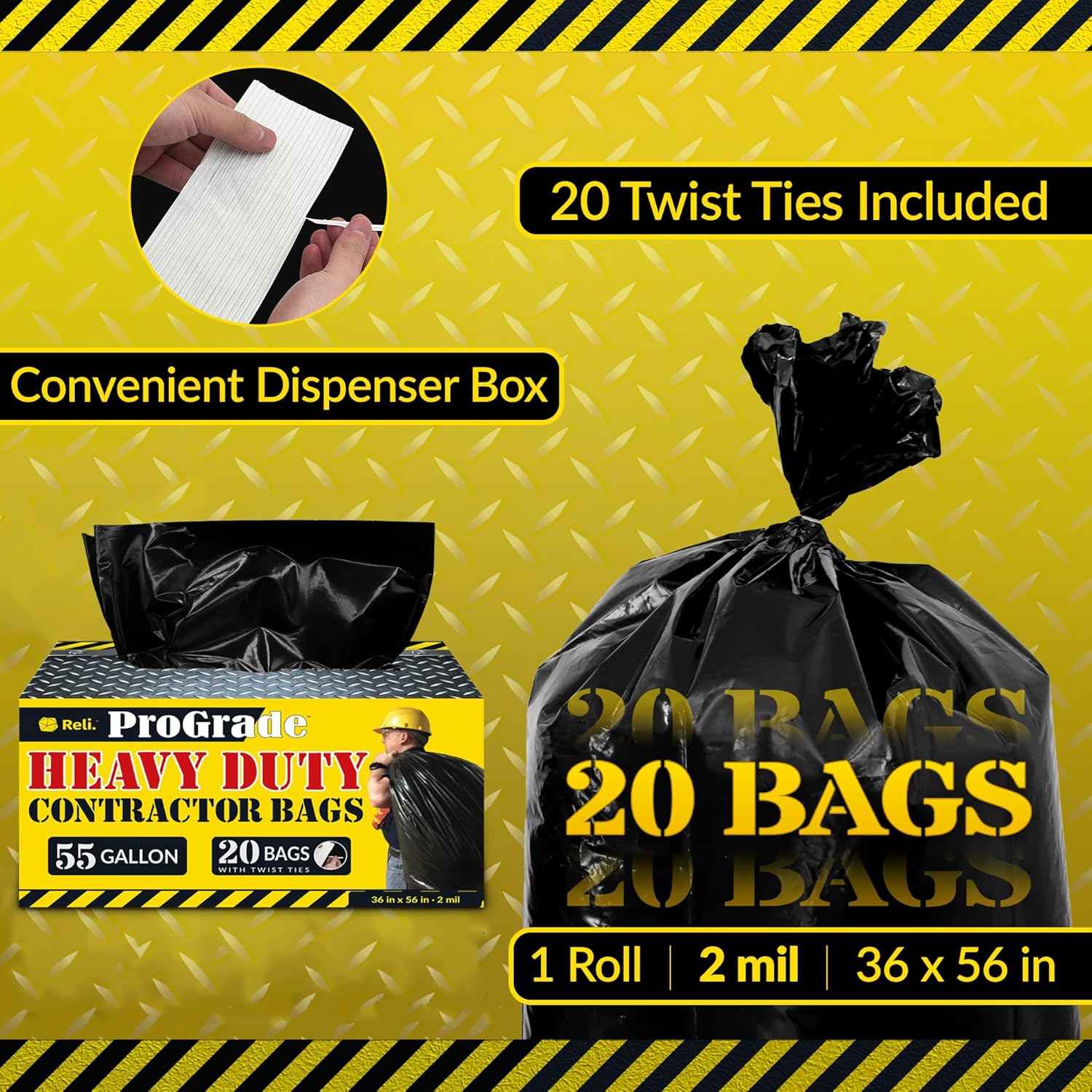 Reli. Contractor Garbage Bags 55 Gallon | 20 Trash Bags | Heavy Duty | Black Contractor - Image 2