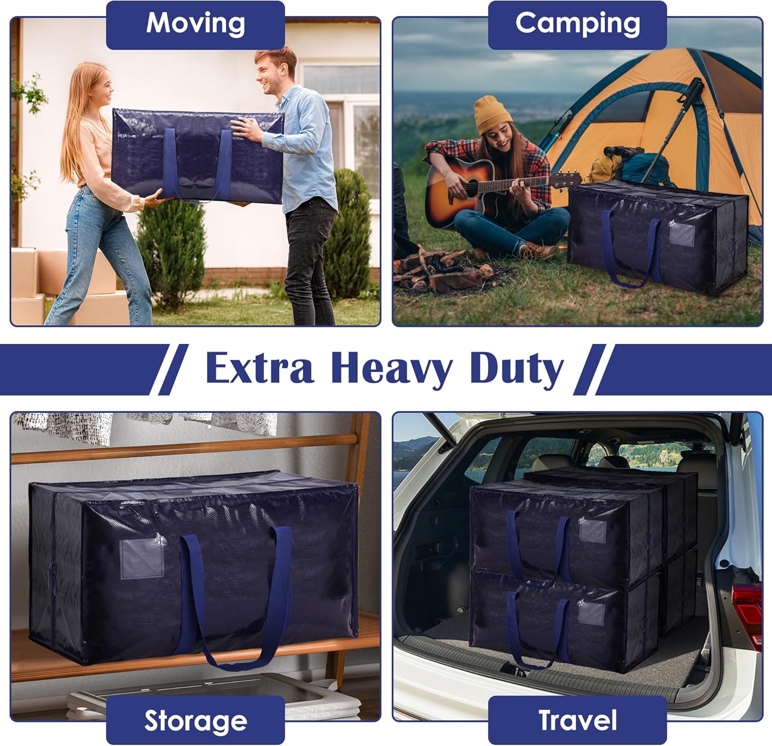 6 Pack Moving Bags with Full-Open Side Zipper, Extra Large 93L Heavy Duty Waterproof Foldable Storage Totes for College Dorm, Moving & Home Organization, Blue - Image 7