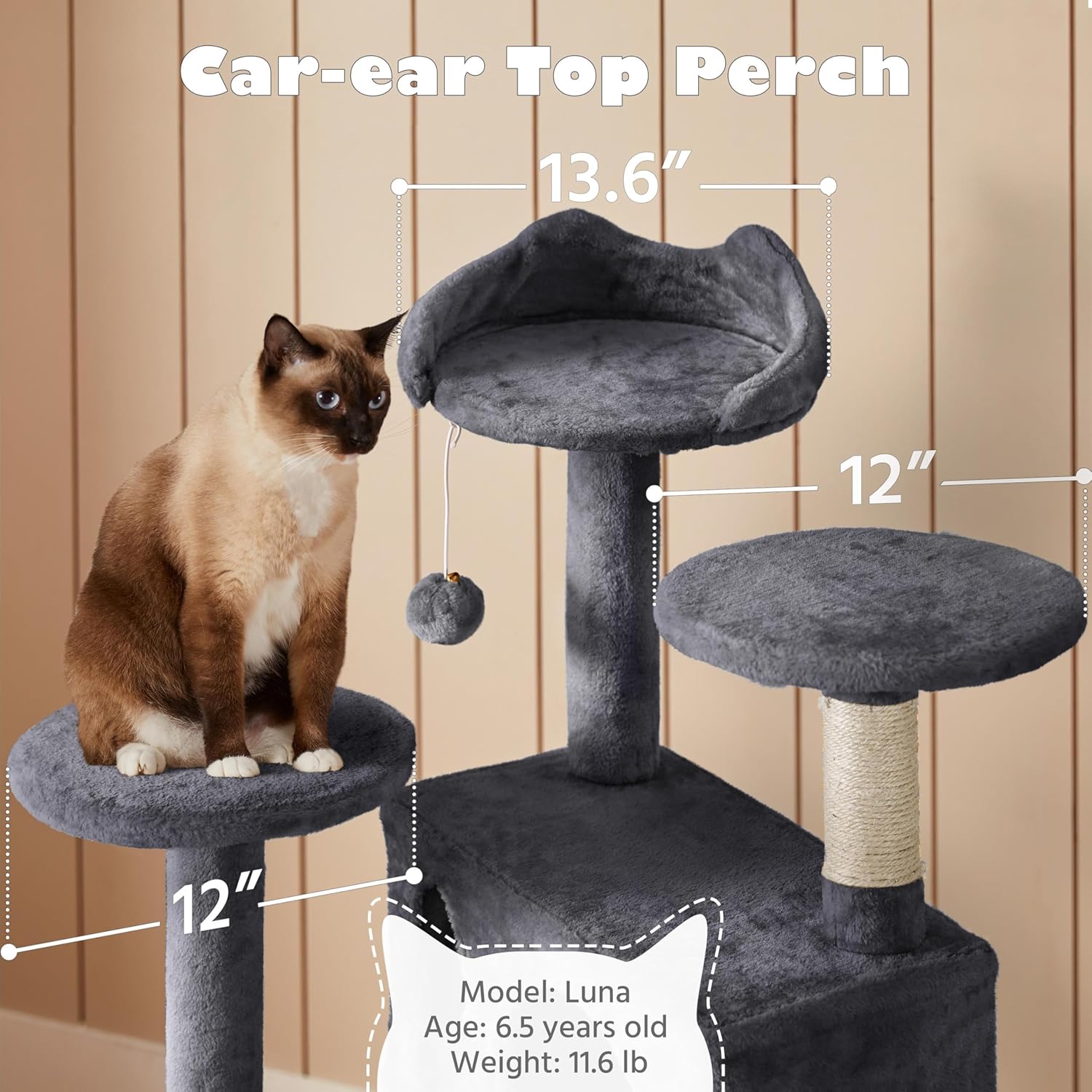 Yaheetech 54in Cat Tree, Multi-Level Cat Tower with Spacious Kitten-ear Perch, 2 Cozy Caves, Scratching Posts, Climbing Ladder, 2 Plush Balls, Durable Pet House Furniture for Indoor Kittens, Dark Gray - Image 5