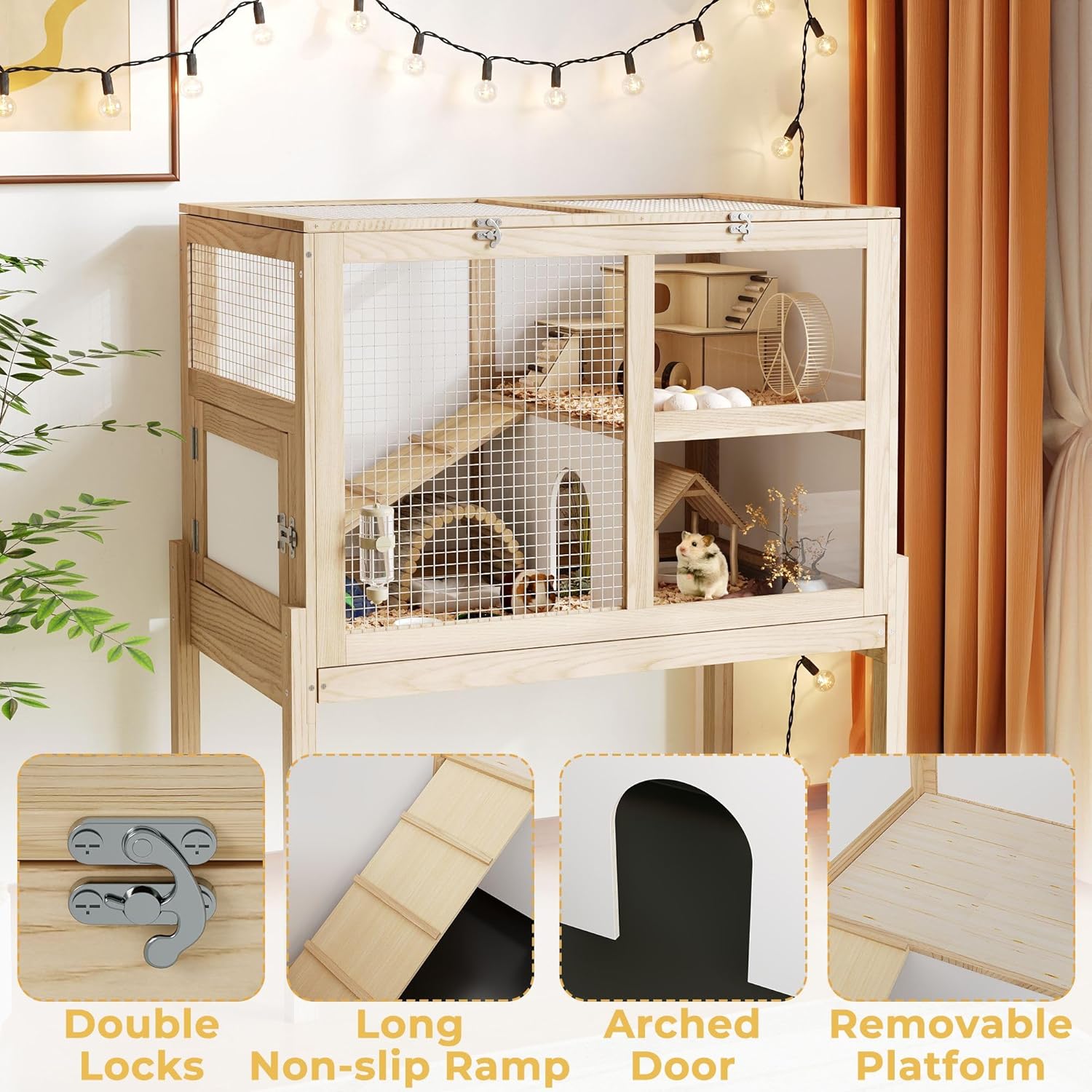 Guinea Pig Cages for 2, Small Animals Rabbit Cages with a Pull Out Tray, Large Wooden Indoor 2-Story Hamster House, Guinea Pig Hideout Habitat Playpen with Ramp, Platform, Natural - Image 4