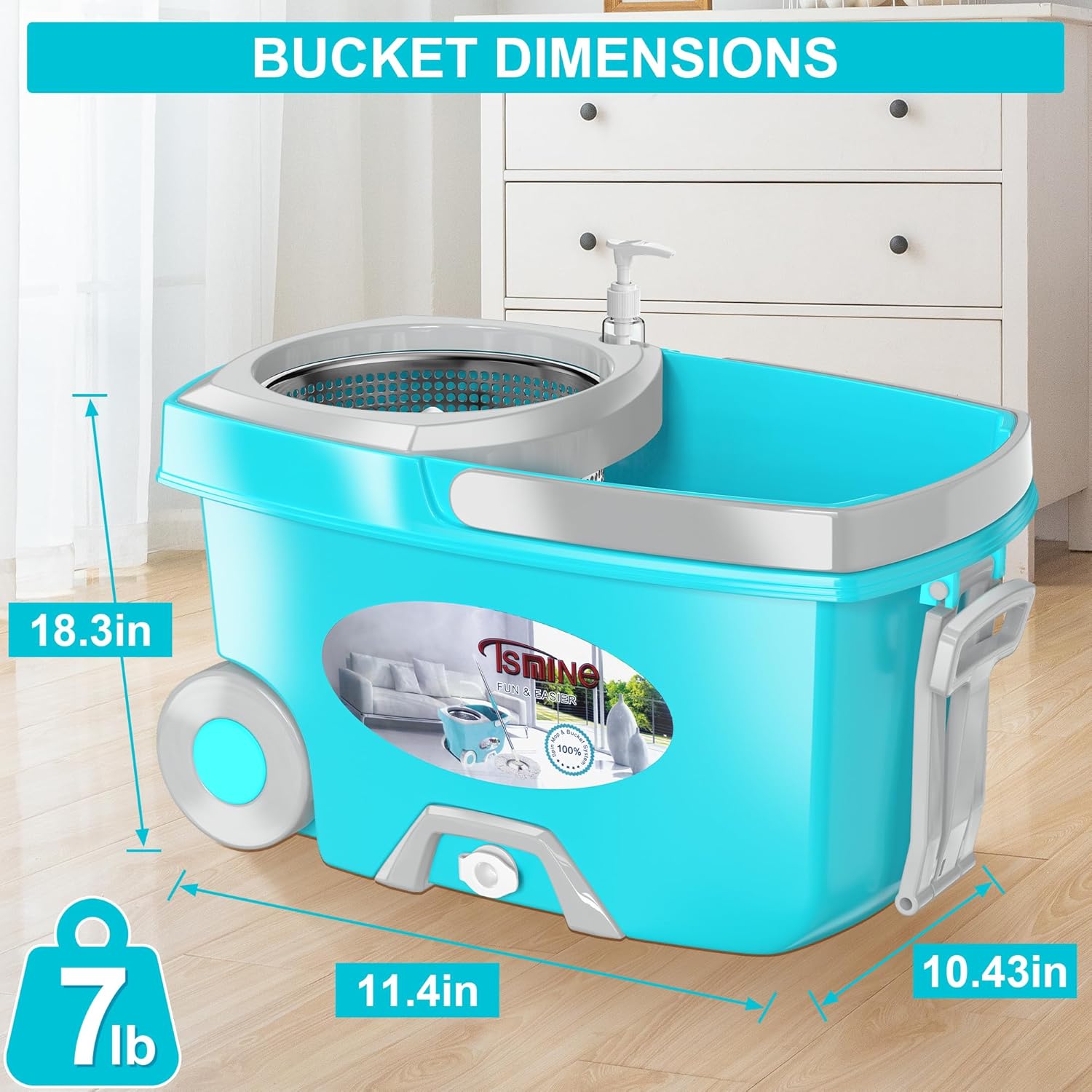 FunClean Spin Mop and Bucket,Mop and Bucket with Wringer Set for Home,360 Spinning Mopping Floor Cleaning Tool with 4 Microfiber Replacement Head Refills,61" Extended Handle, 2X Wheel - Blue - Image 5