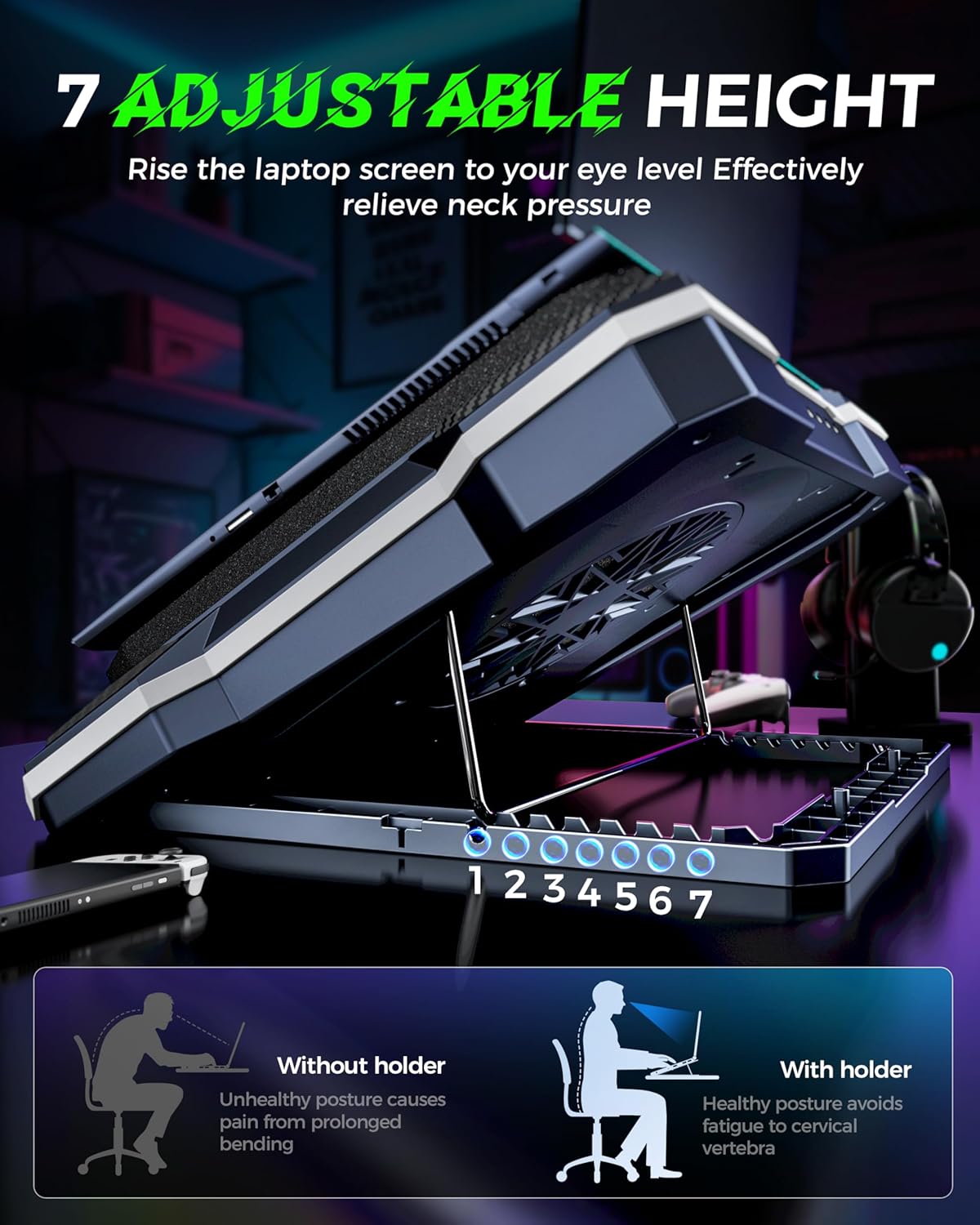 ChillCore RGB Gaming Laptop Cooling Pad with 5.5" Turbo Fan, Rapid Cooling for 15.6-19.3" Laptops, Variable Speed Control, 7 Adjustable Heights - K1 5V RGB - Image 5