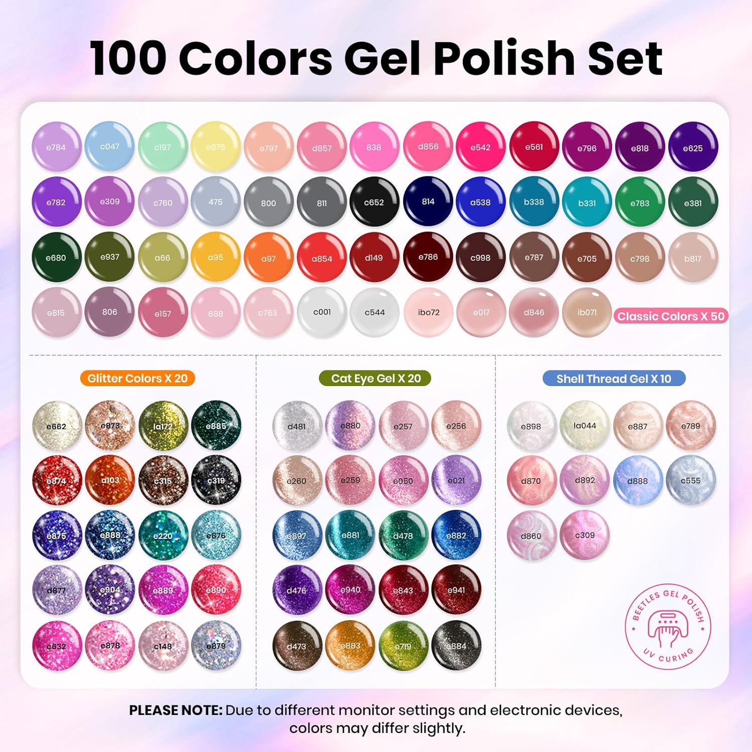 Beetles Nail Nook Gel Nail Polish Set - 119 PCS 100 Colors Gel Polish Kit Base Glossy Matte Glitter Top Coat Glitter Pearl Cat Eye White Red Pink Nude Uv Led Nails Easter Gift for Women - Image 2