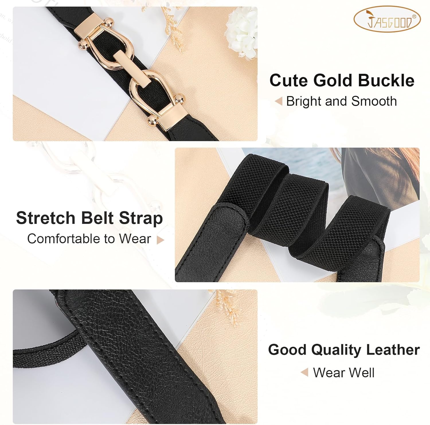 JASGOOD Women Stretchy Waist Belt Retro Elastic Skinny Belt for Ladies with Gold Buckle - Image 3