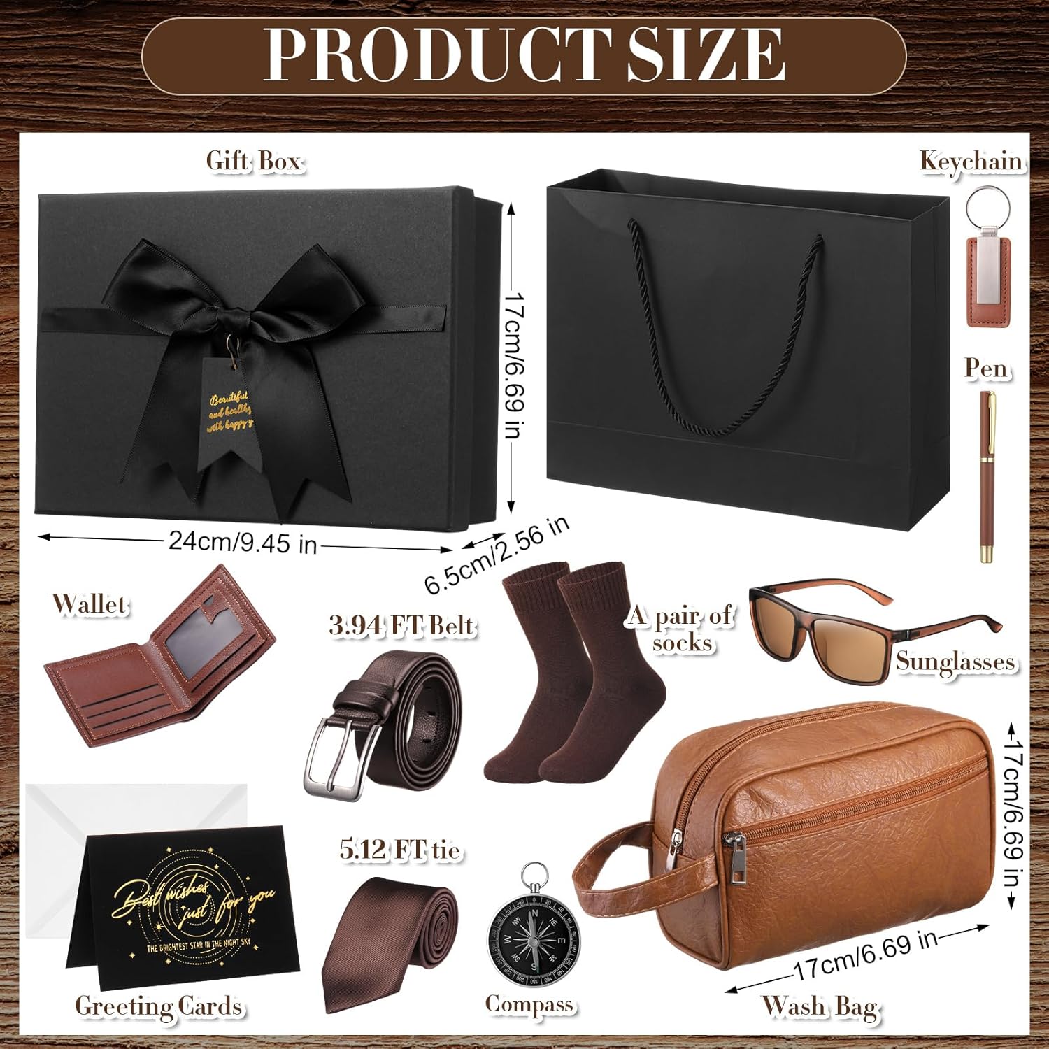Geyoga 12 Pcs Men Birthdays Gift Set with Box for Men Dad Basket PU Leather Wallet Leather Toiletry Bag Tie Socks Belt Keychain Sunglasses Pen Compass Set - Image 2