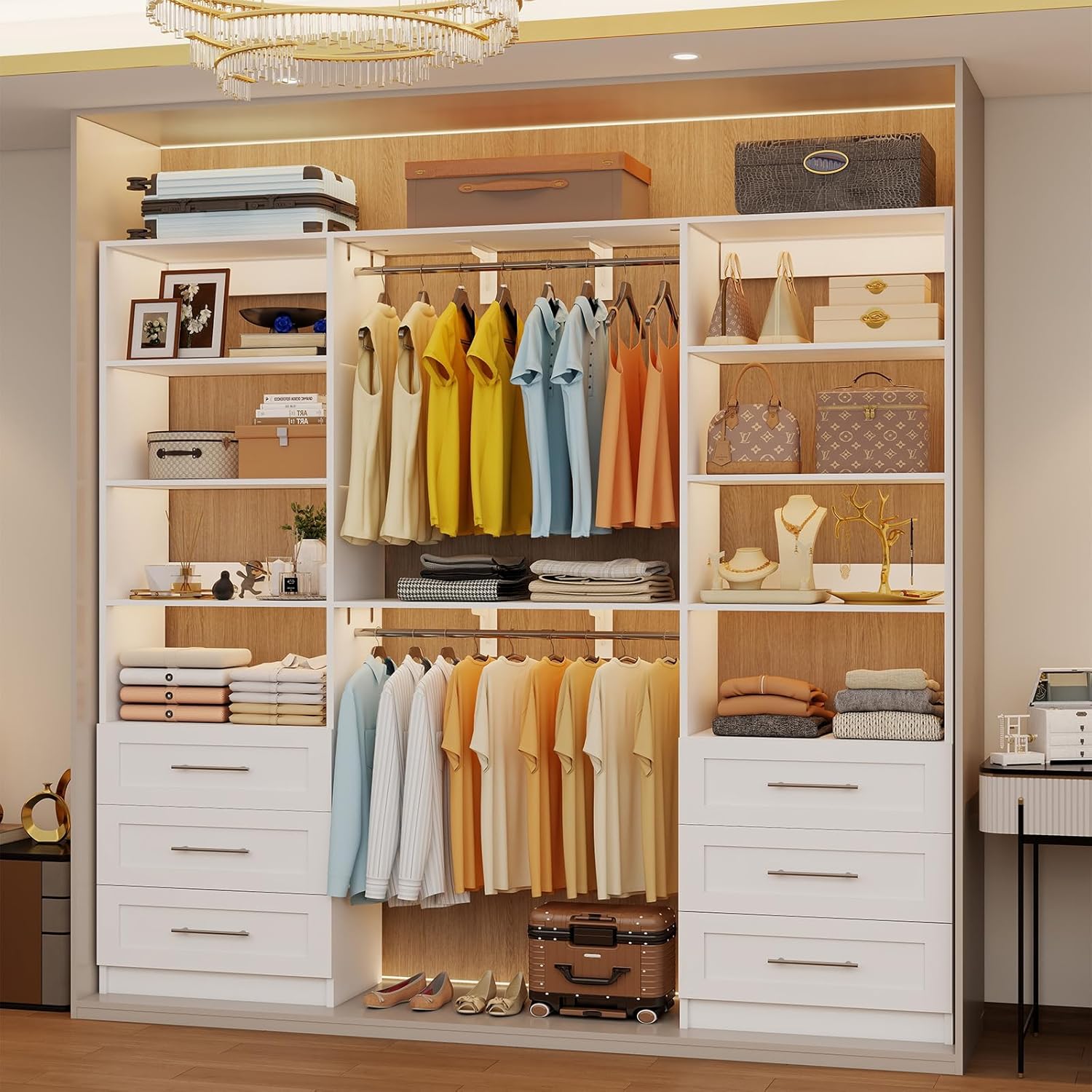 Closet System with 6 Drawers, 6-13FT Custom Closet Organizer System with 6 Hanging Rods &Adjustable Shelves , Wood Closet System Kit for Walk in Closets, Modular Closet Organizer System, 2 Sets,White, - Image 9