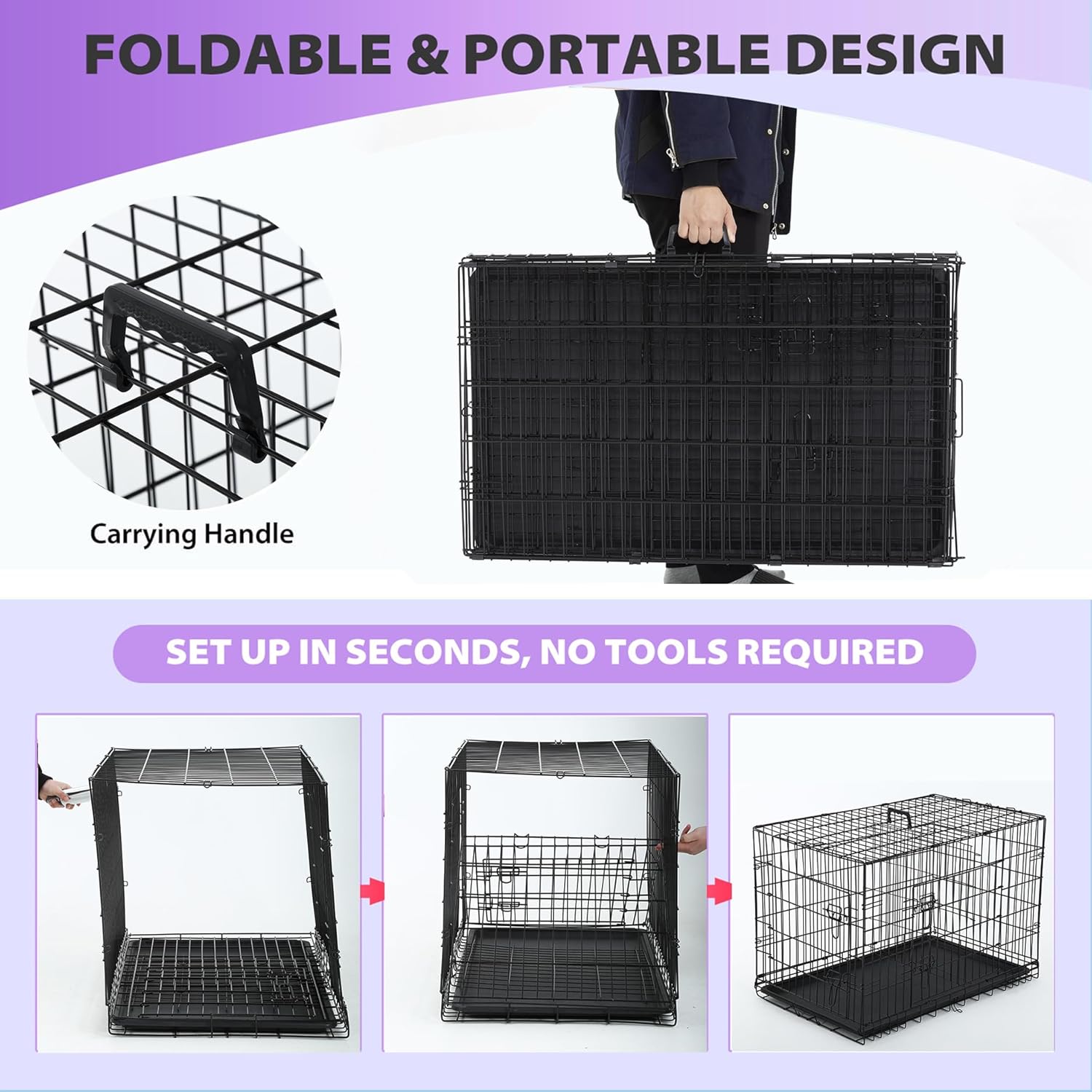 BestPet | Dog Crate | 48" | Black | Foldable Metal Kennel with Double Doors, Secure Slide-Bolt Latches, Leakproof Tray | Portable Dog Cage for Large Breeds | for Travel, Indoor & Outdoor Use - Image 6