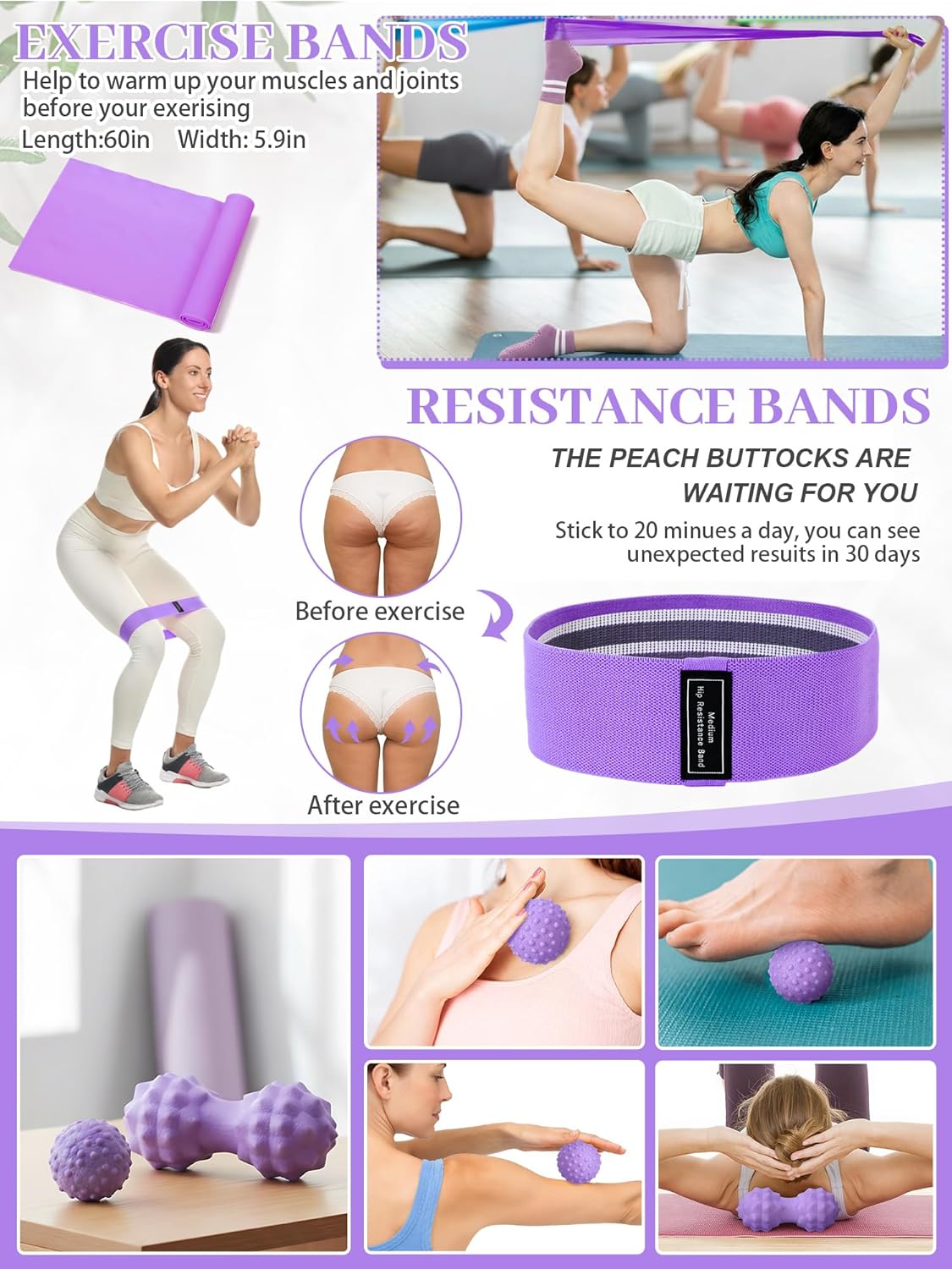 Gemscream 17 Pcs Yoga Essential Kit for Women, Pilates Equipment Starter Set for Beginners with Yoga Wheel Ball Blocks Strap Resistance Bands Wrist Rings Socks Towel & Carry Bag for Home Workouts - Image 5
