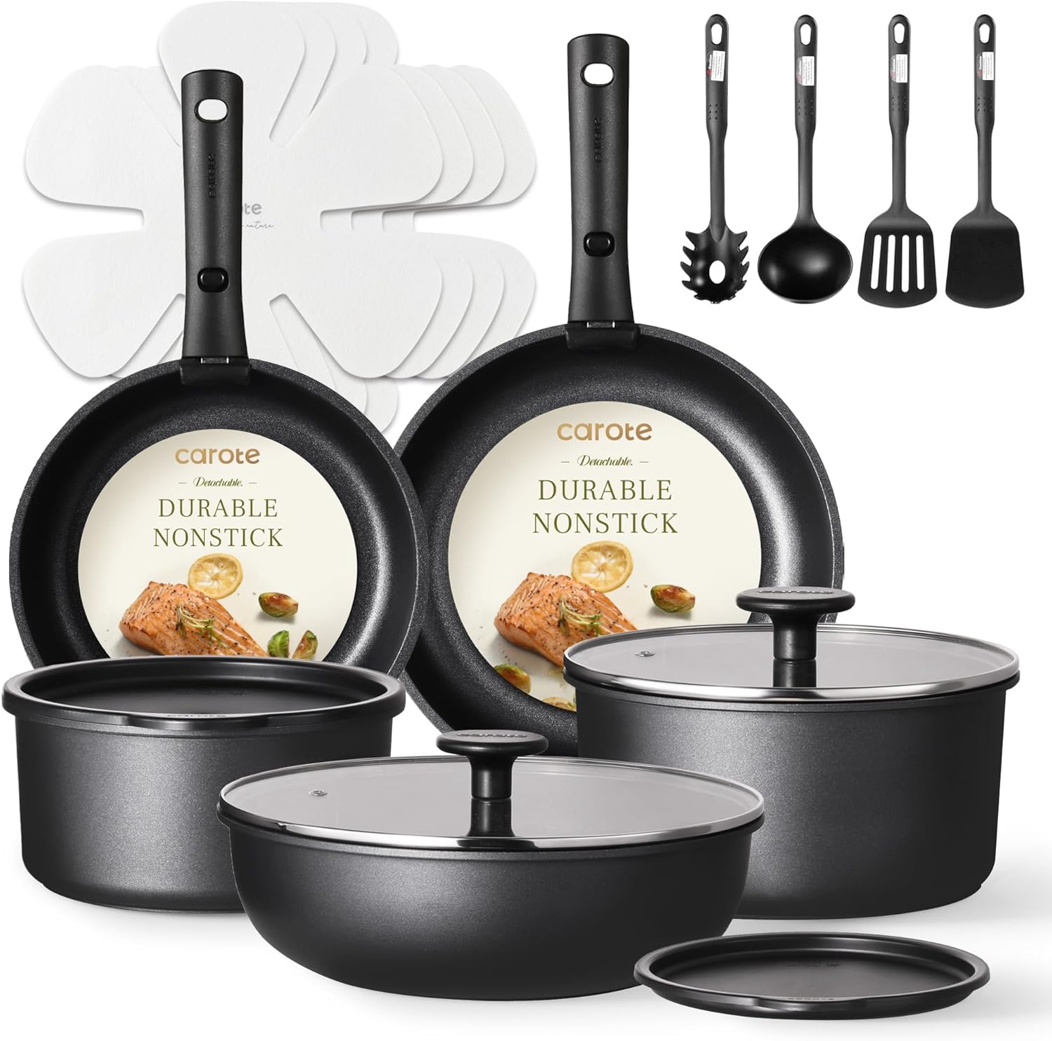 CAROTE 19Pcs Pots and Pans Set Non Stick, Cookware Set Detachable Handle, Nonstick Induction Kitchen Sets Non Stick with Removable Handle, RV Cook Ware, Oven Safe, Black