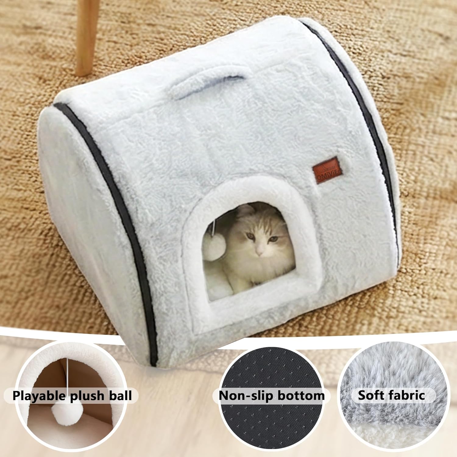 cat Bed cave-cat beds for Indoor Cats,Soft and Comfortable,Cute cat House,with Removable Washable Cushioned Pillow,Enclosed cat Bed,Kitty pet hut、Hideaway,Small Dog Tent,Grey - Image 5