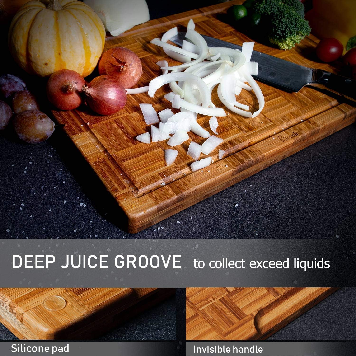 Kikcoin Extra Large Bamboo Cutting Boards, (Set of 3) Chopping Boards with Juice Groove Bamboo Wood Cutting Board Set Butcher Block for Kitchen, End Grain Serving Tray - Image 3