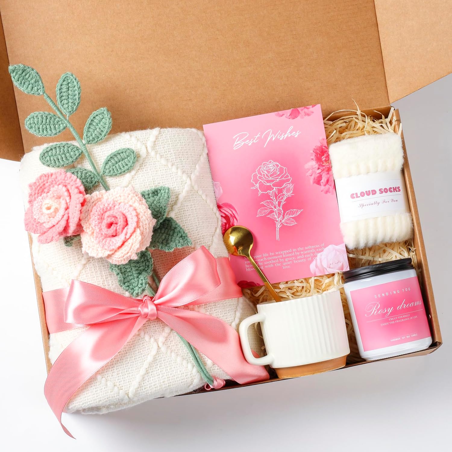 Mothers Day Gifts, Rose Birthday Gifts for Women, Gift Baskets for Women, Birthday Box for Woman, Hug in A Box, Get Well Basket, Birthday Gift Set, Self Care Gift Basket for Mom Her Friend Sister Wife