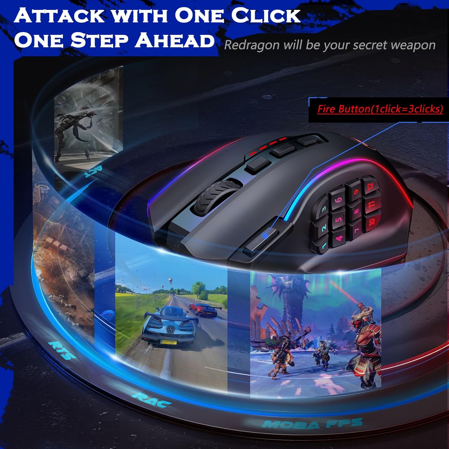 Redragon Wireless Gaming Mouse, MMO Gaming Mouse UP 16,000 DPI, 16 Macro Programmable Buttons, RGB Rechargeable with 12 Side Buttons, 70Hrs for PC Laptop MOBA FPS, M901P-KS - Image 4