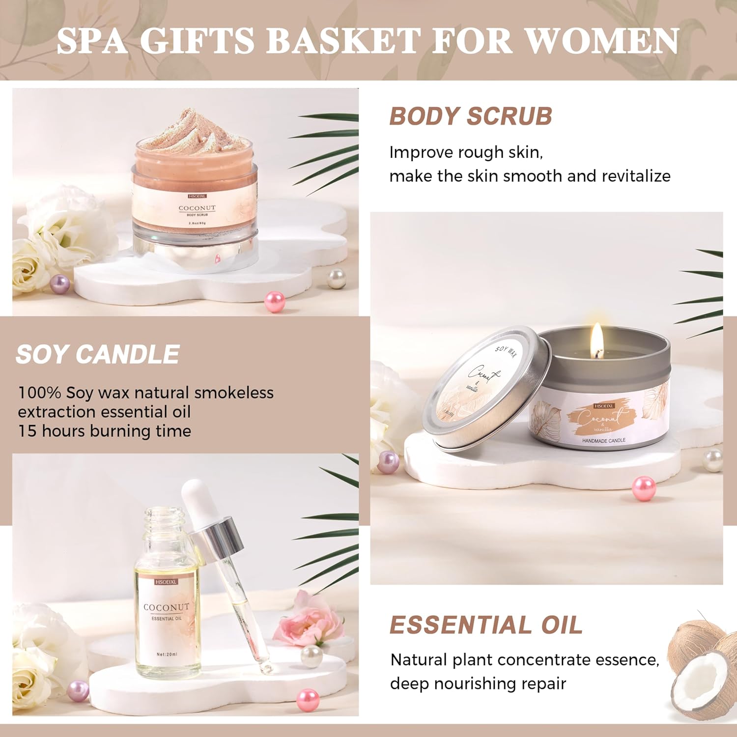 Gifts for Women Bath and Body Gift Basket Set for Women, 12 Piece Set of Coconut Home Spa Set for Self Care, Mothers Day Relaxing Bath Sets Birthday Christmas Gifts for Mom Sister Her Wife - Image 6