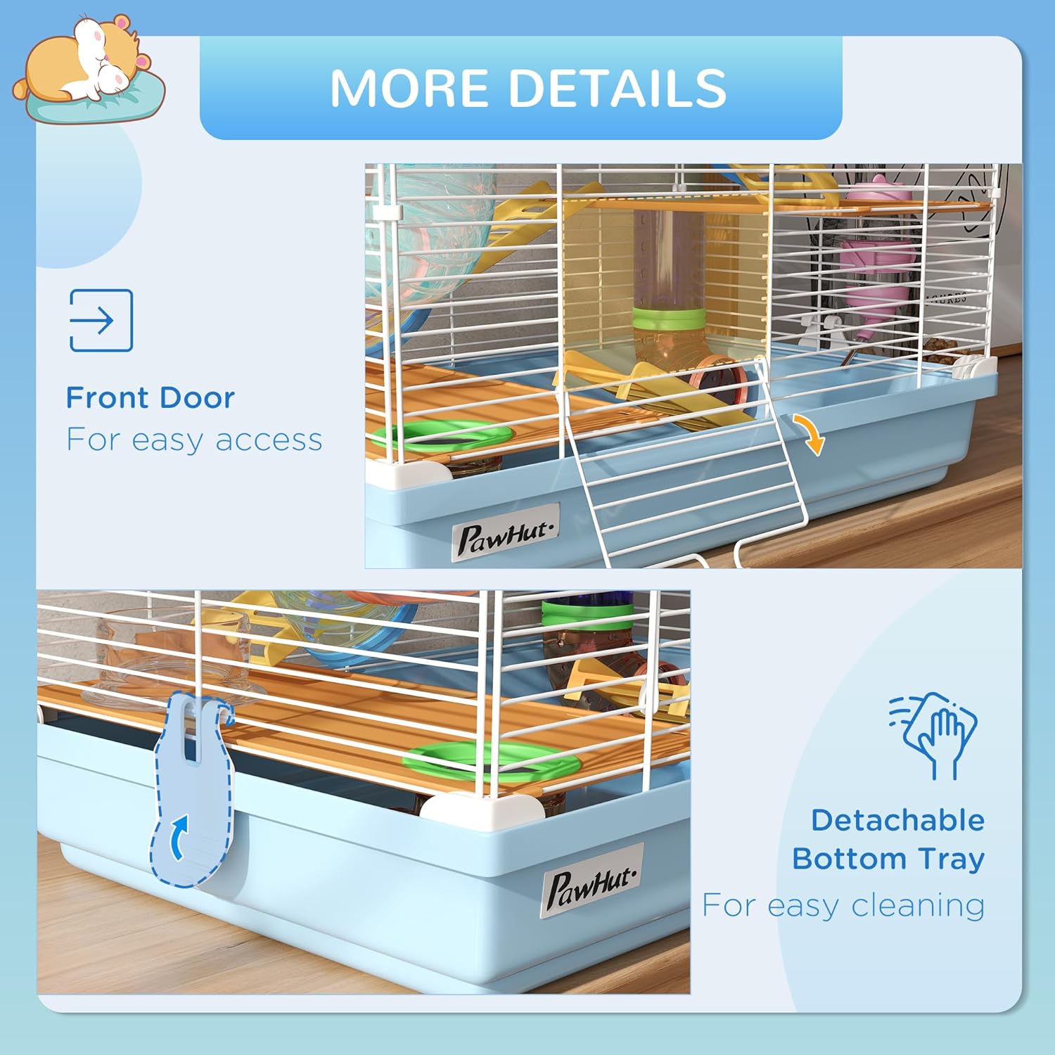 PawHut 18" 5 Tier Hamster Cage with Tubes and Tunnels, Small Animal Cage with Portable Carry Handle, Gerbil Cage with Water Bottle, Food Dish, Exercise Wheel, Light Blue - Image 6