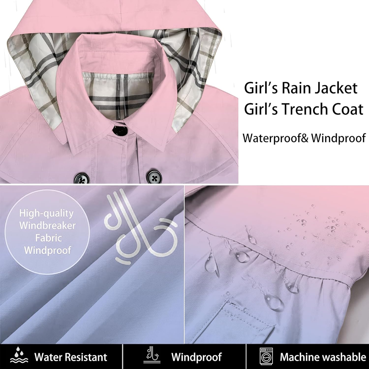 Betusline Girl's Rain Jackets Lightweight Waterproof Hooded Trench Coat Raincoats for Kids,2-14 Years - Image 6