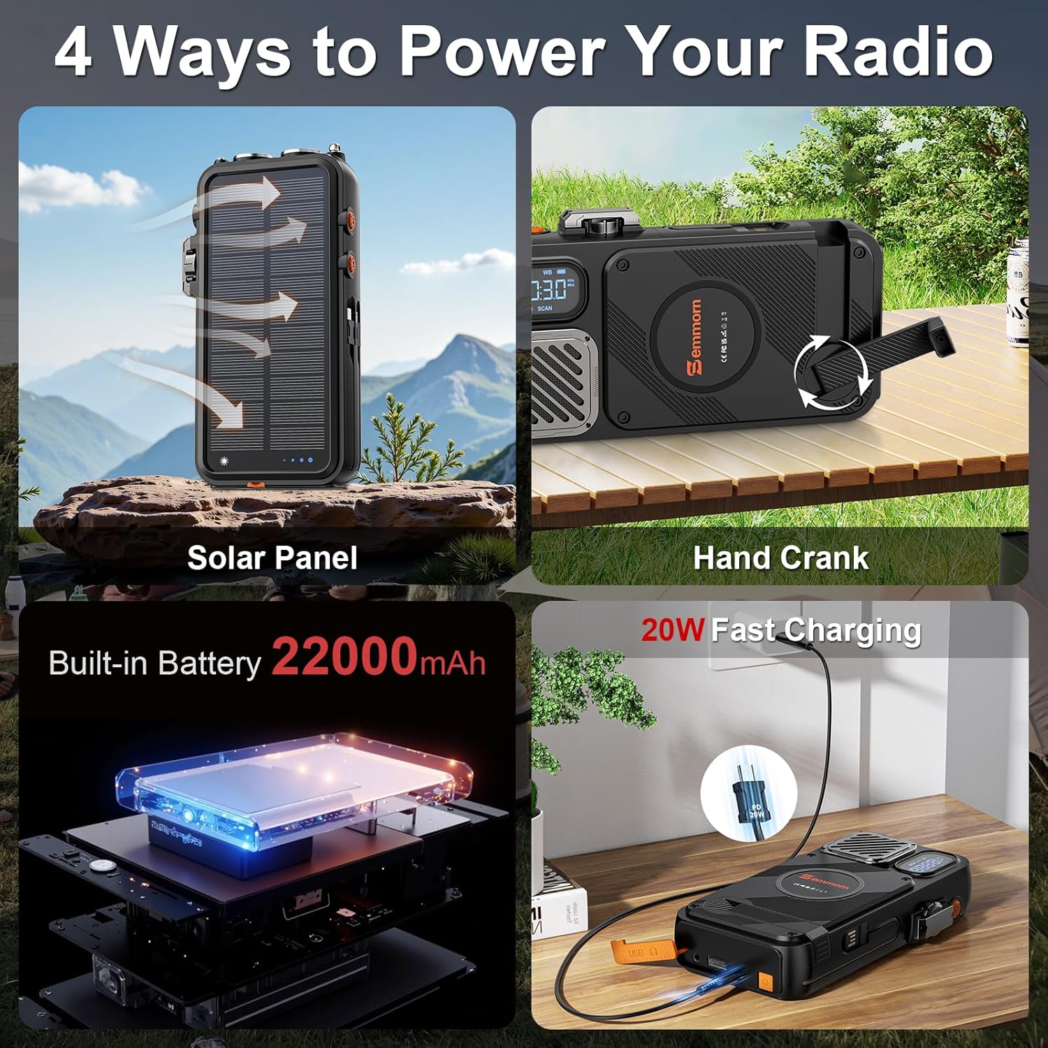 Emergency Radio&22000mAh Solar Power Bank, FM NOAA Weather Radio, Portable Hand Crank Bluetooth Radio, 20W Fast Charge Wireless Phone Charger, SOS Flashlight for Emergency/Home (Orange) - Image 5