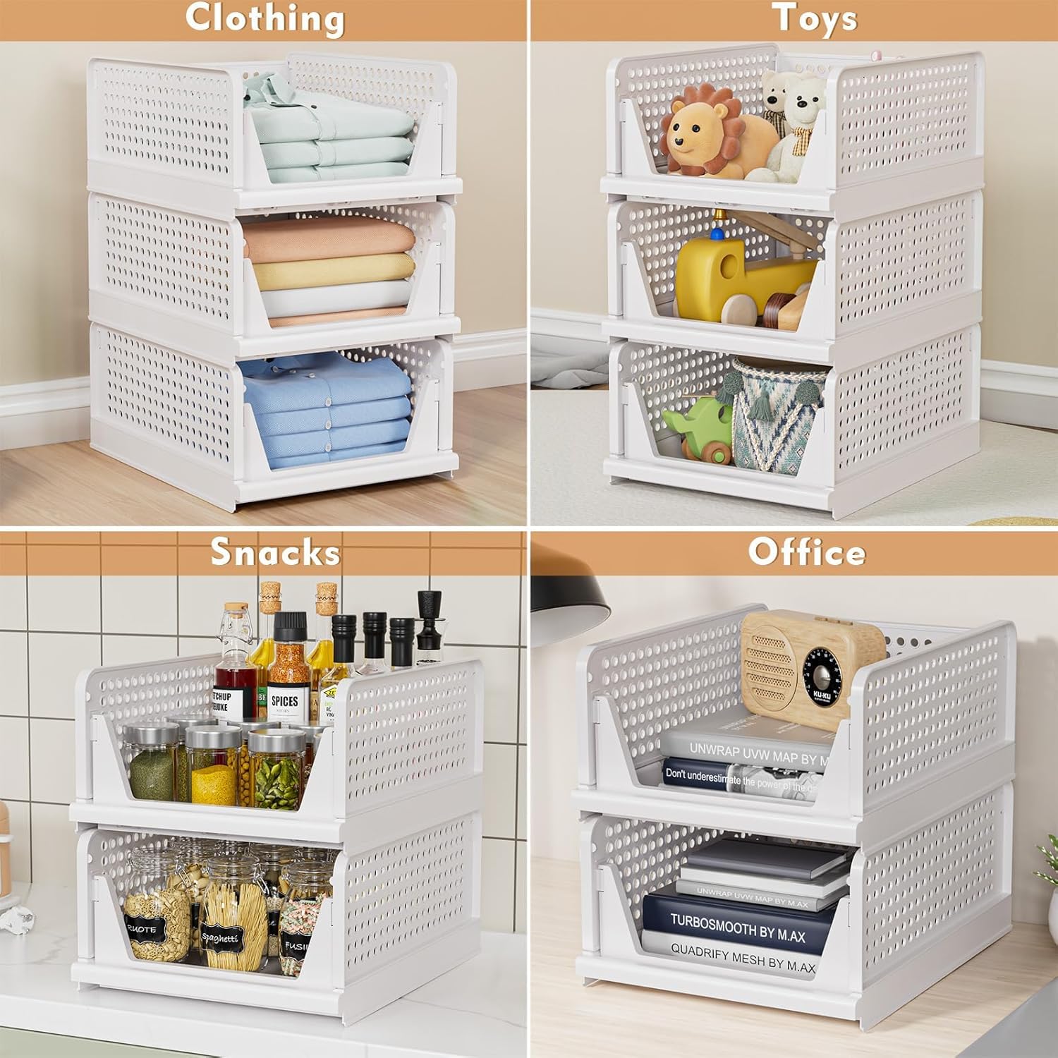 5 Pack Stackable Closet Storage Basket - Stackable Storage Bins, Multifunctional & Foldable Closet Organizer Waterproof, Wardrobe Cupboard Space-Saving Hat Storage Drawer Organizer, White - Image 4